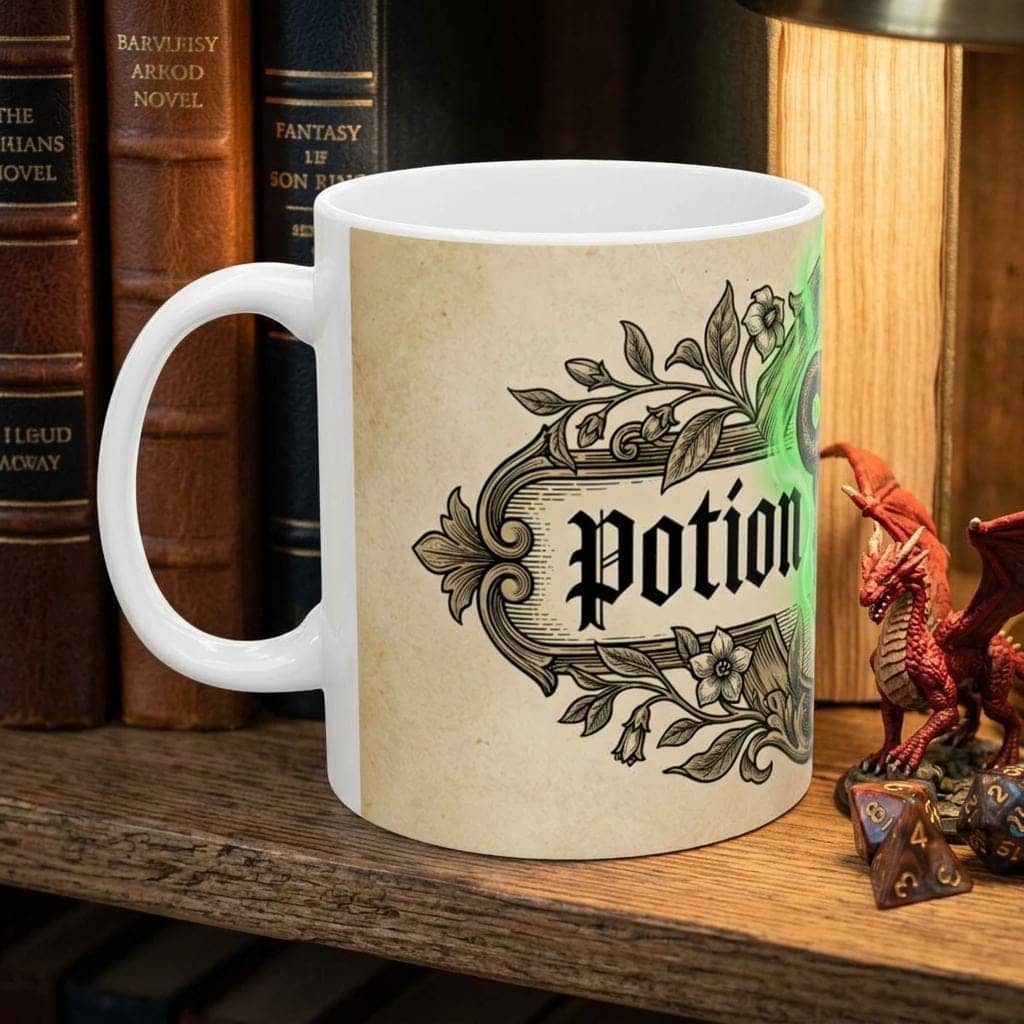 A vintage fantasy apothecary label wrapping the mug to disguise morning coffee as a lethal tabletop elixir, shown on a shelf