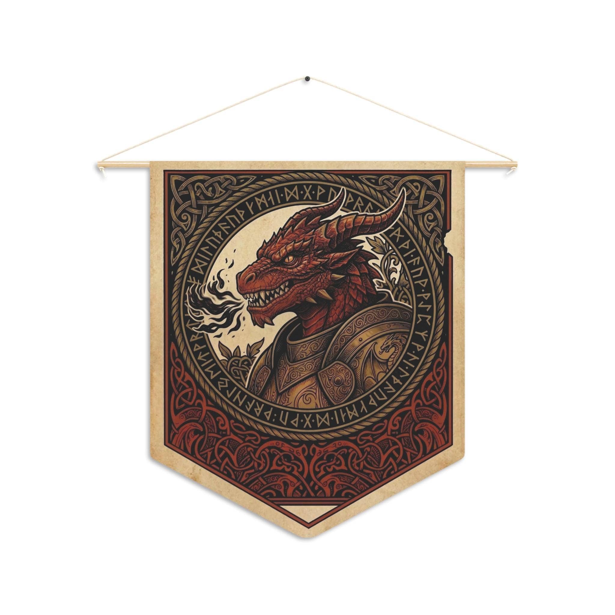 Vintage heraldic dragonborn warrior pennant flag designed to elevate RPG campaign corners and gaming battle stations with authentic medieval heraldry, front view