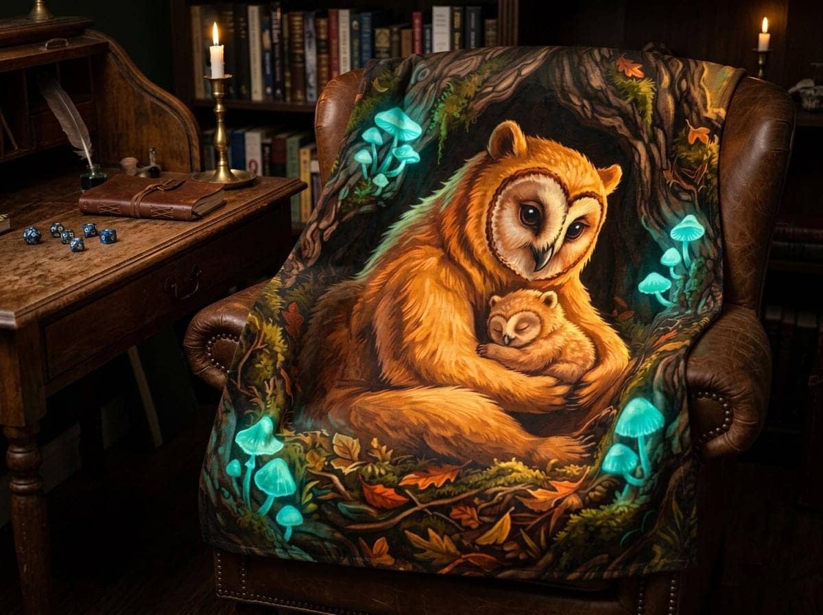 An ultra-soft velveteen reading blanket portraying a protective mother owlbear curled around her cub in a glowing forest hollow, shown draped over a study armchair