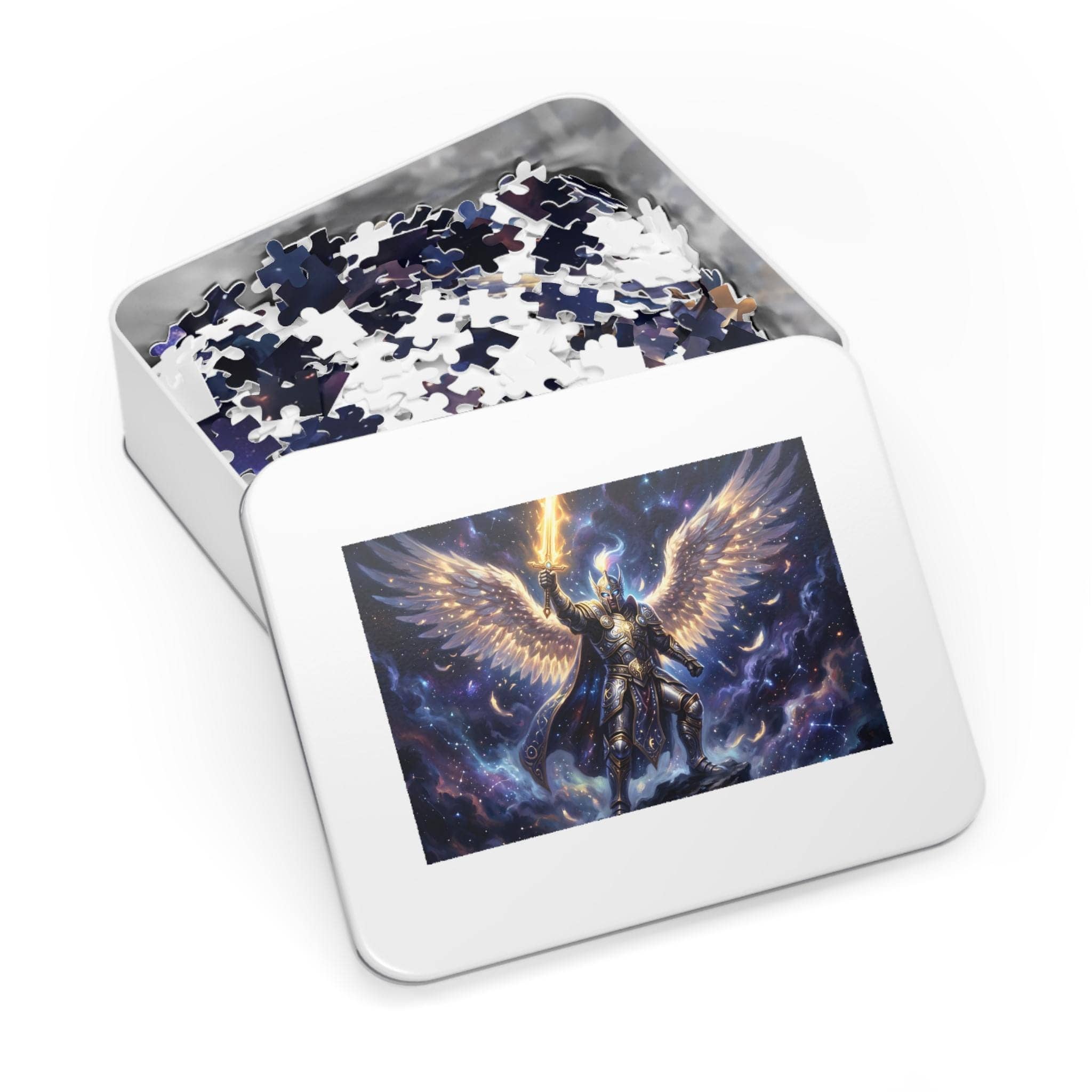 A luminous, high-contrast fantasy jigsaw puzzle featuring a radiant celestial warrior