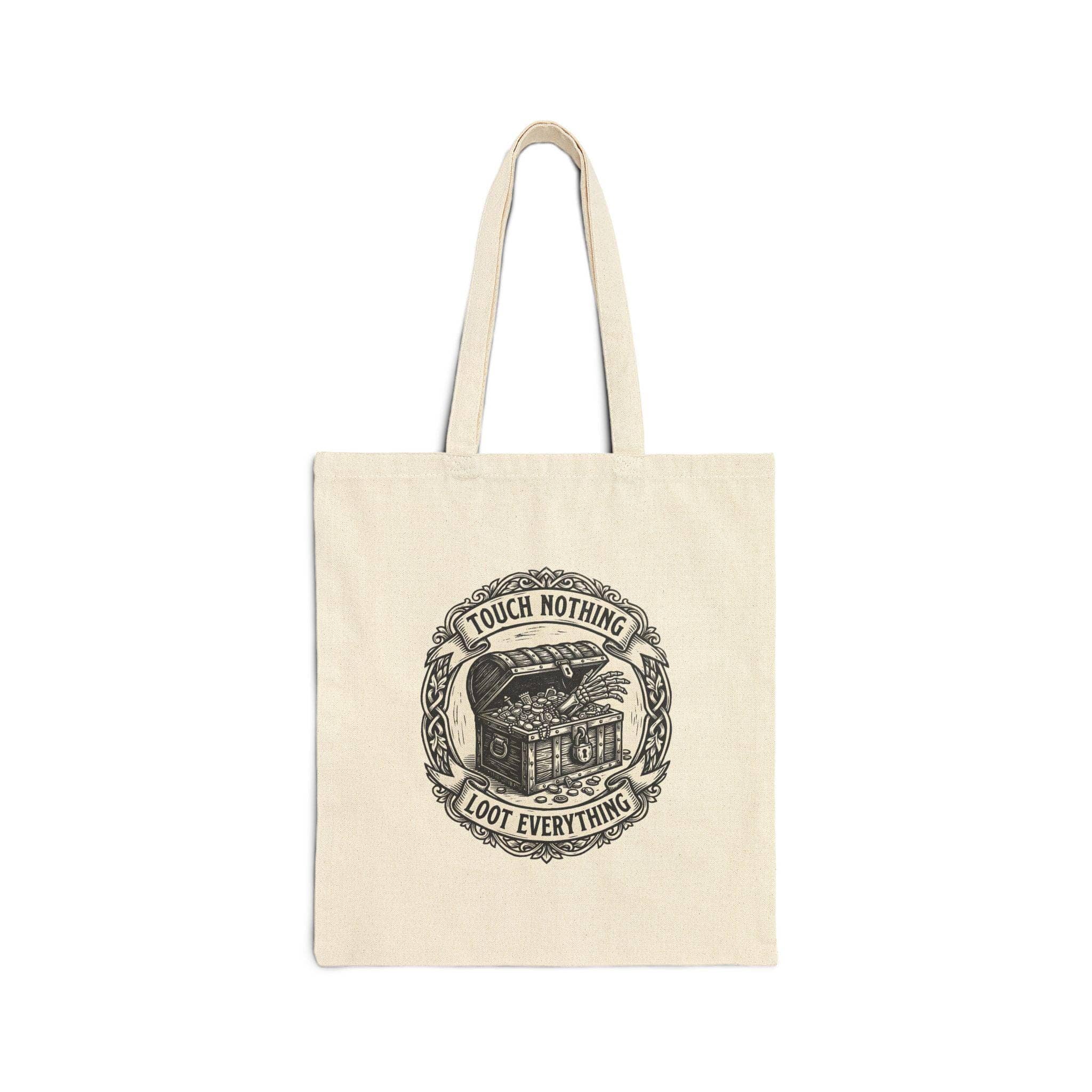Sturdy canvas tote bag featuring an ironic greed warning for tabletop adventurers hauling heavy rulebooks, dice trays, and campaign binders to game night, front view