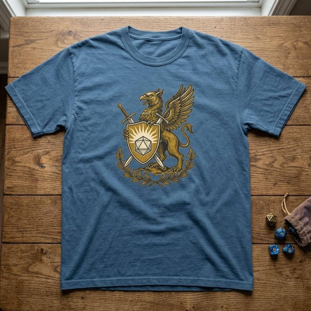 A bold vintage heraldic tournament crest celebrating the holy warrior archetype, printed on a t-shirt, shown laid flat among dice