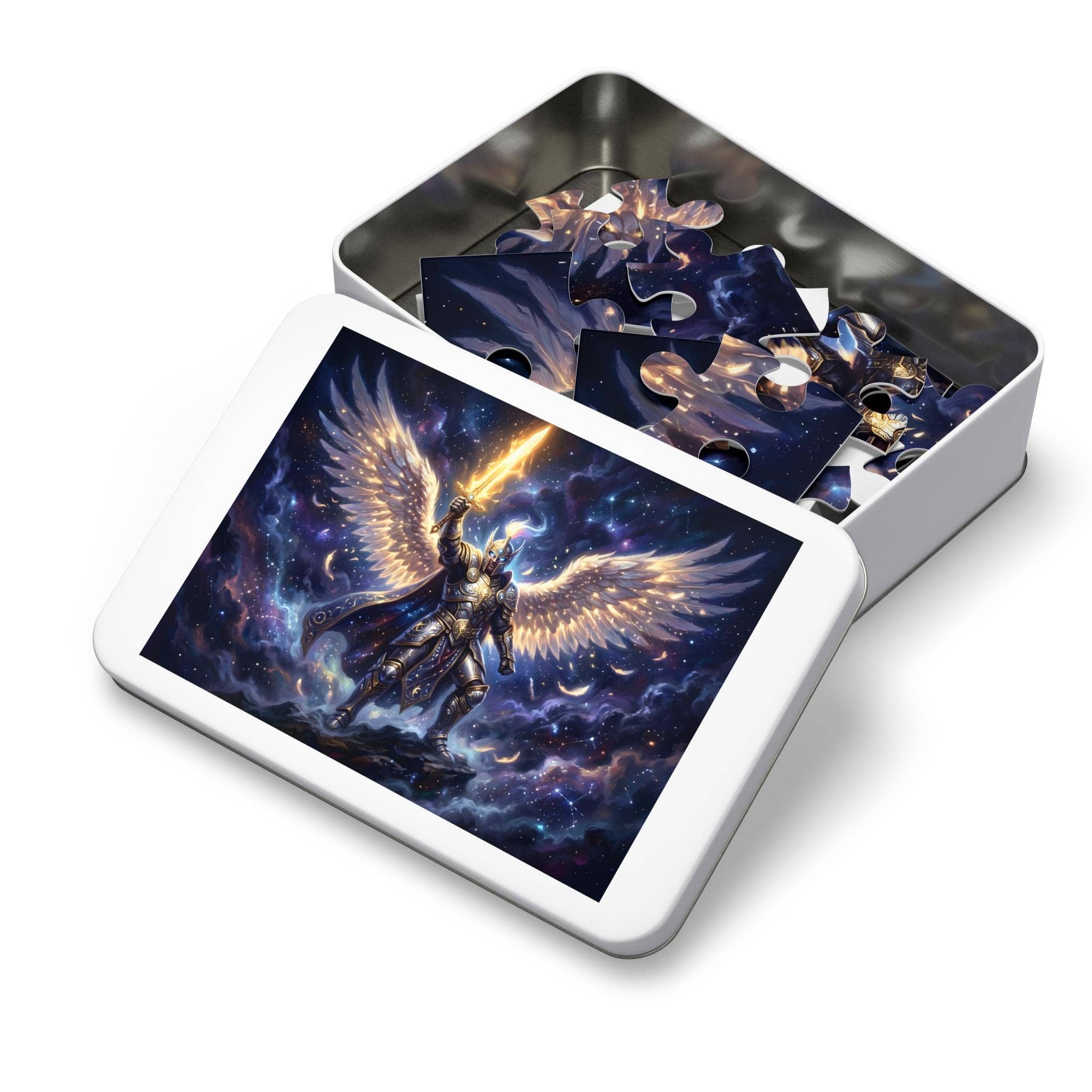 A luminous, high-contrast fantasy jigsaw puzzle featuring a radiant celestial warrior