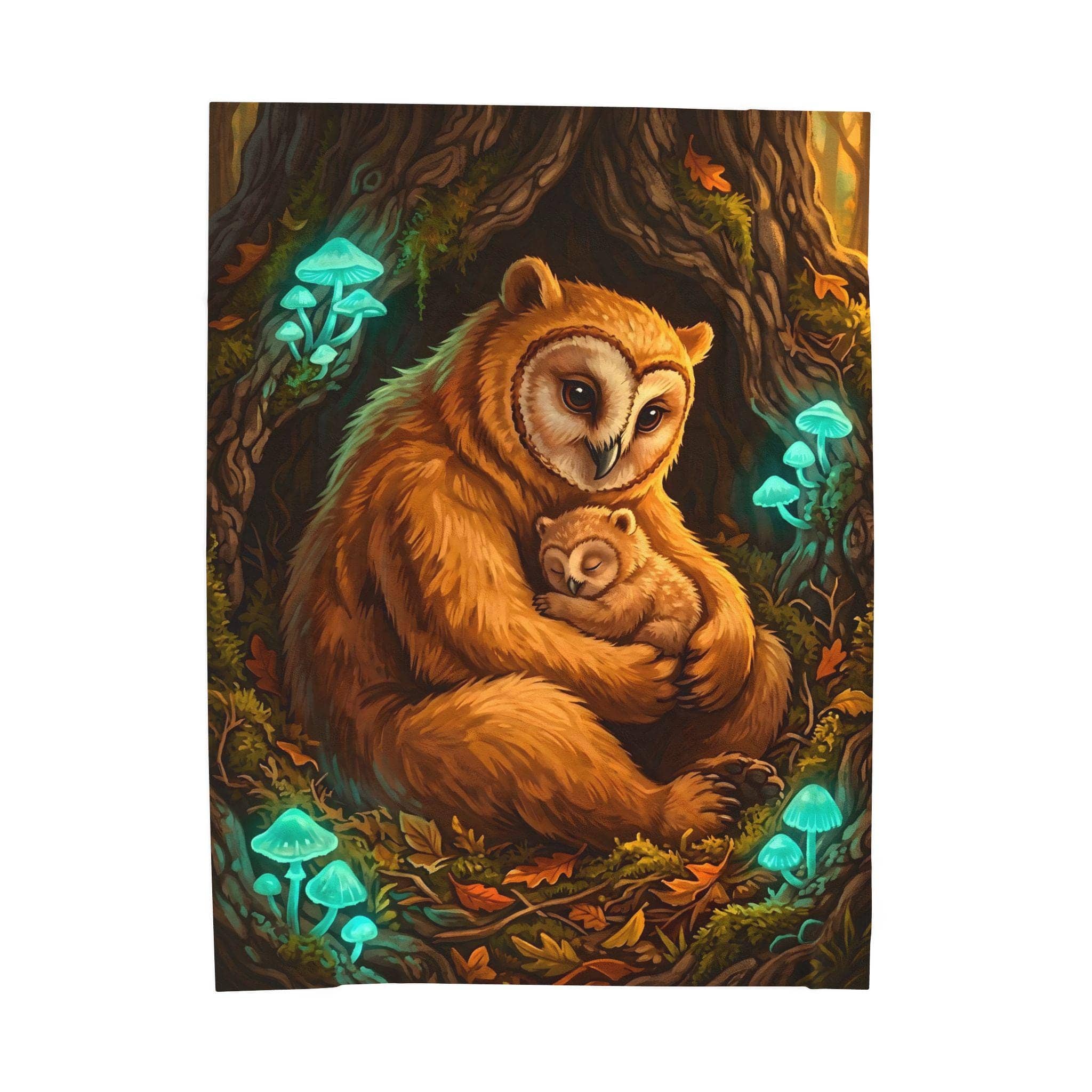 An ultra-soft velveteen reading blanket portraying a protective mother owlbear curled around her cub in a glowing forest hollow, front view