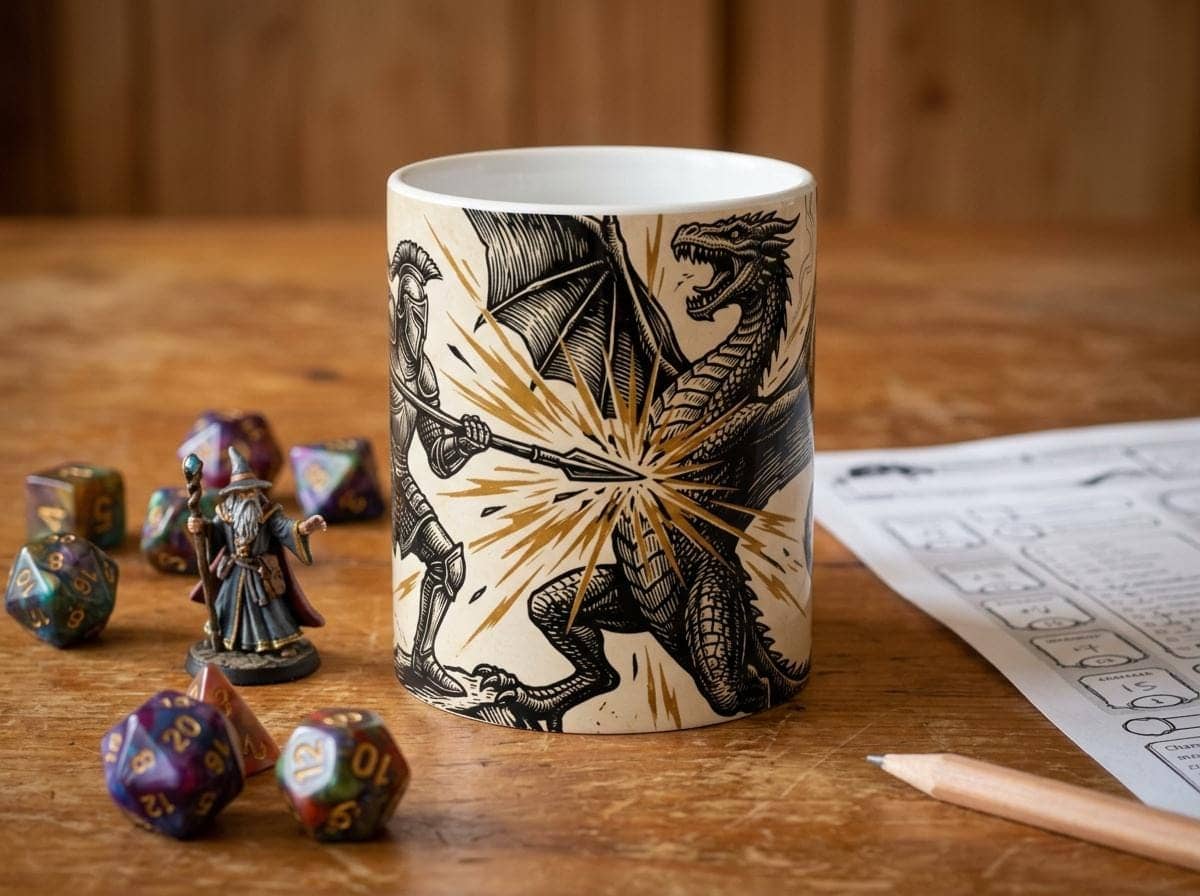 A dramatic campaign-climax coffee cup capturing the triumphant monster-slaying strike every DM and player lives for, shown on the game table among dice and character sheets