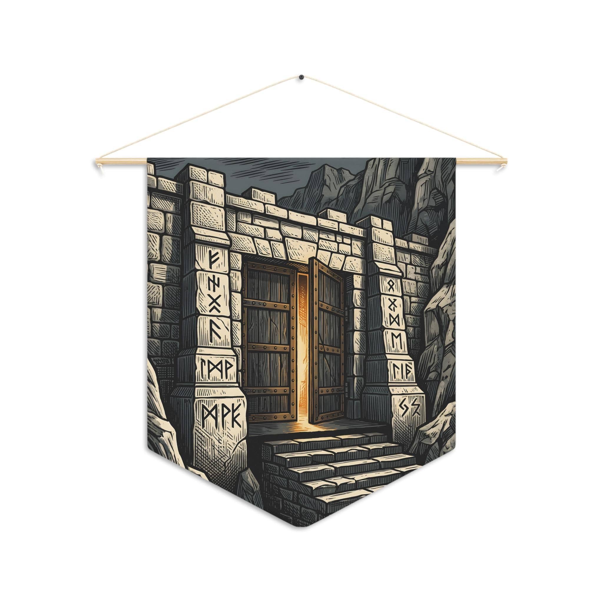 A tapered heraldic wall banner featuring a monumental dwarven mountain fortress gate etched in gold and slate linocut, front view