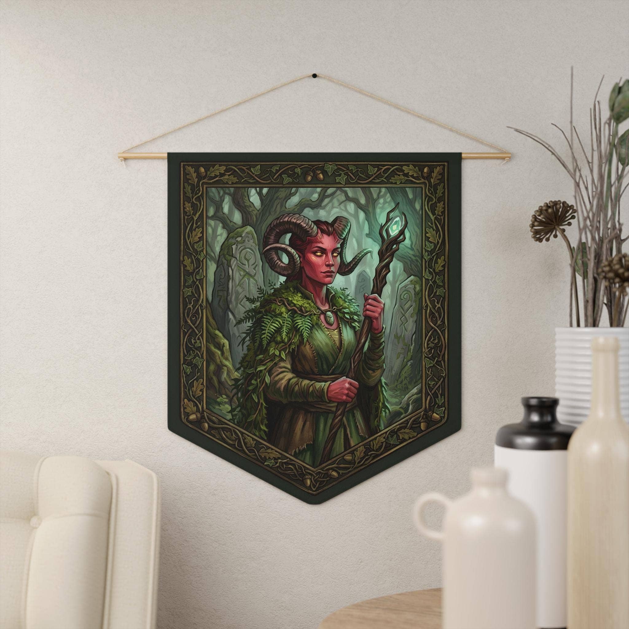 Transform your gaming nook or campaign room into an ancient sanctuary with an atmospheric female Tiefling Druid communion scene printed crisp on a durable fabric wall pennant, in a room setting