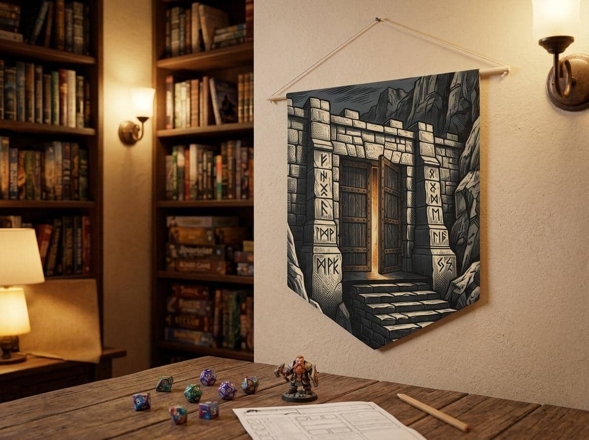 A tapered heraldic wall banner featuring a monumental dwarven mountain fortress gate etched in gold and slate linocut, shown on a game room wall