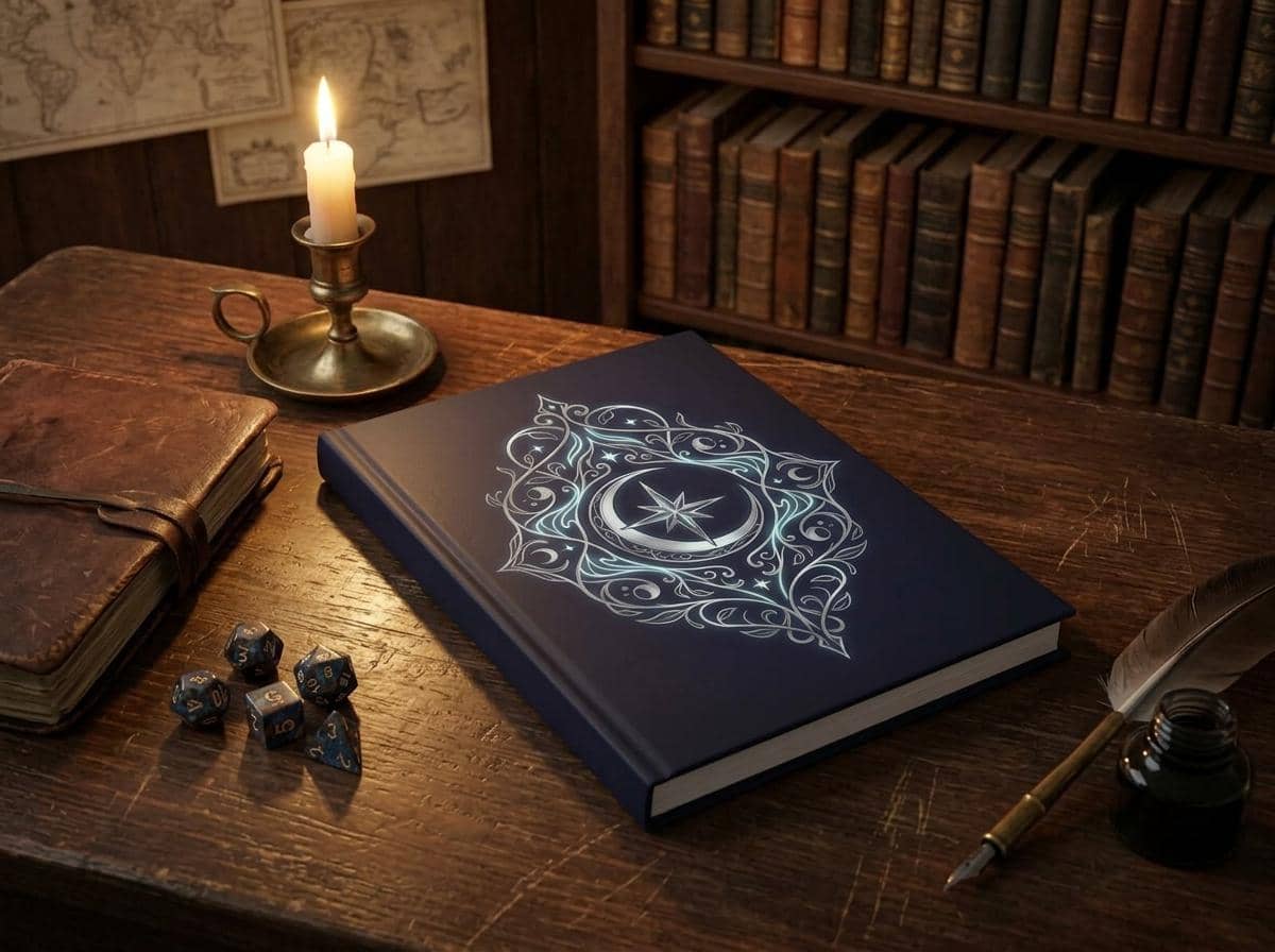 Hardcover campaign notebook designed as an in-world ancient elven tome cover, shown on a desk beside a quill and ink