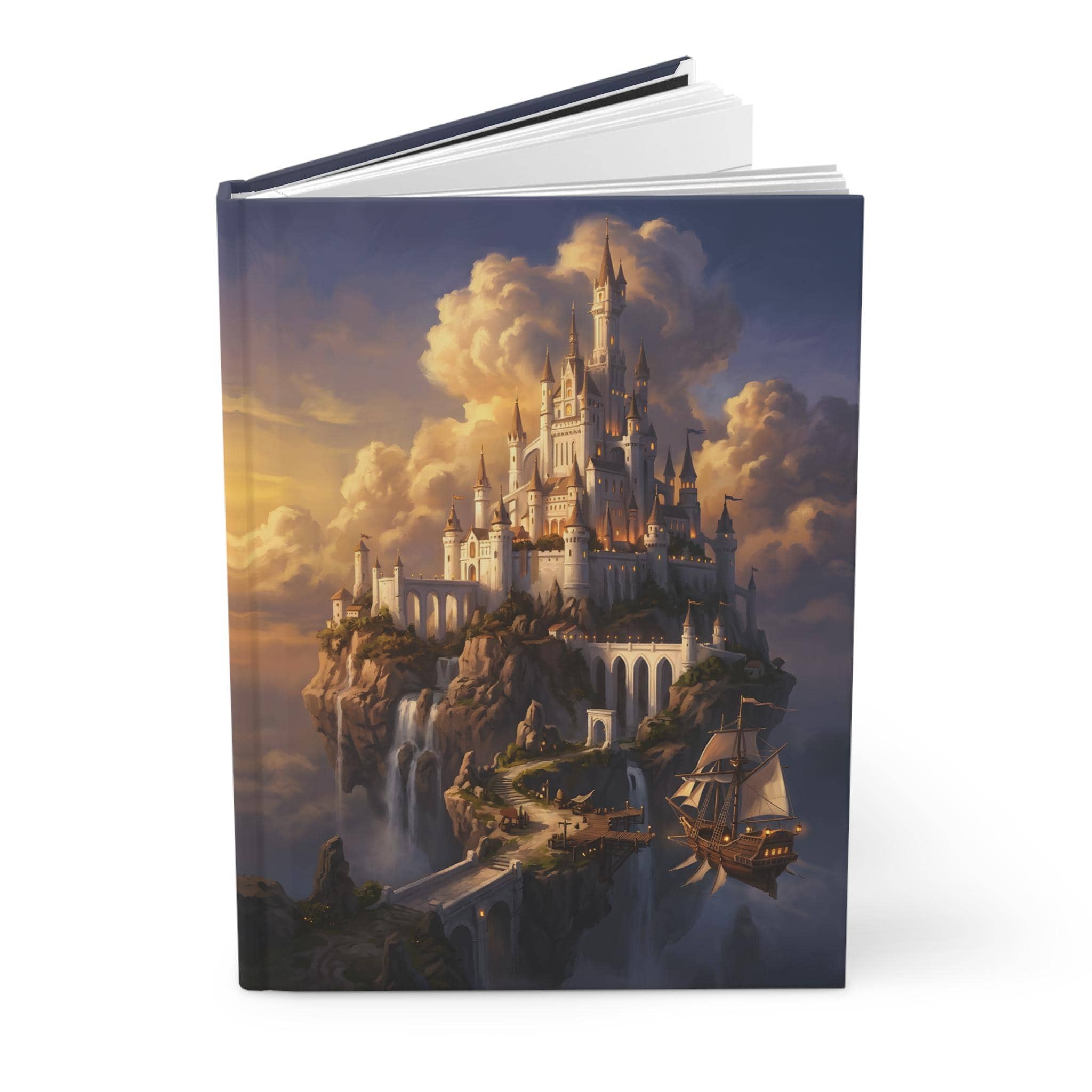 Hardcover fantasy campaign journal wrapped in an epic floating sky-citadel painting, opened