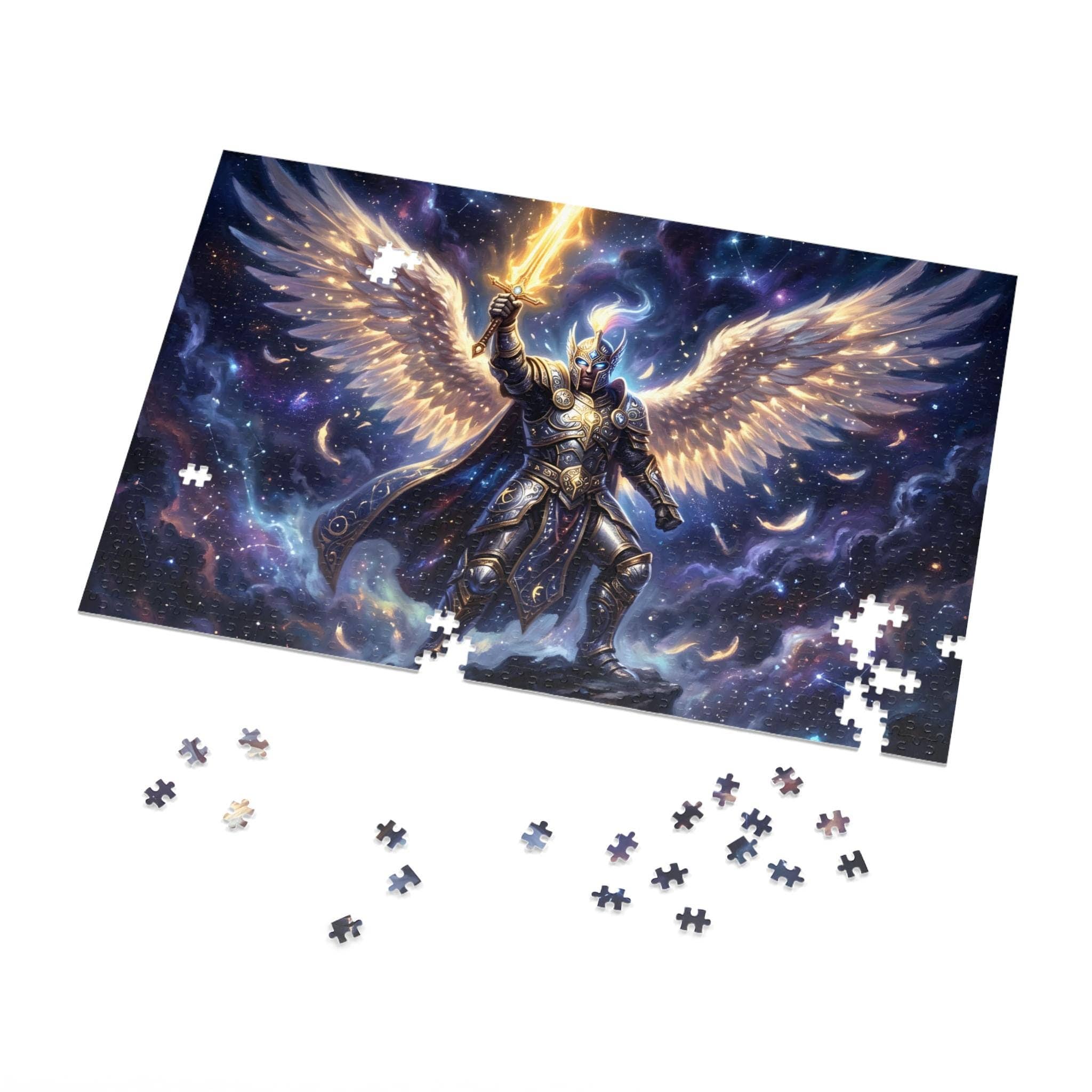 A luminous, high-contrast fantasy jigsaw puzzle featuring a radiant celestial warrior