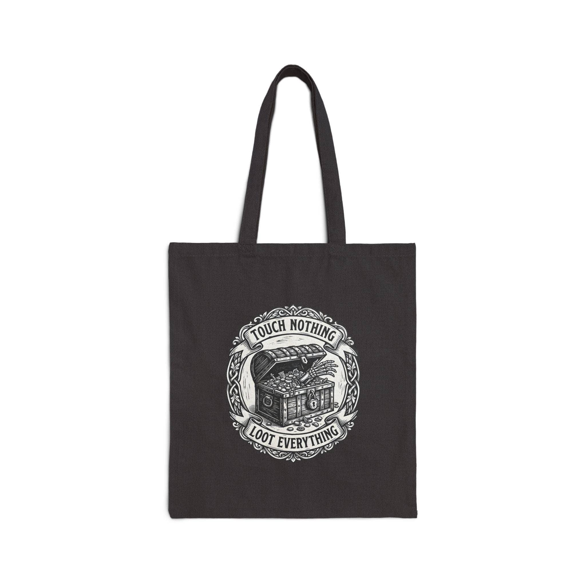 Sturdy canvas tote bag featuring an ironic greed warning for tabletop adventurers hauling heavy rulebooks, dice trays, and campaign binders to game night, front view