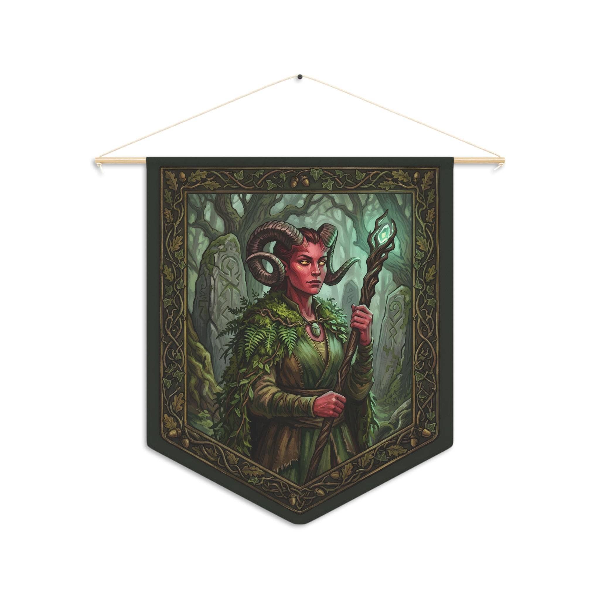 Transform your gaming nook or campaign room into an ancient sanctuary with an atmospheric female Tiefling Druid communion scene printed crisp on a durable fabric wall pennant, front view