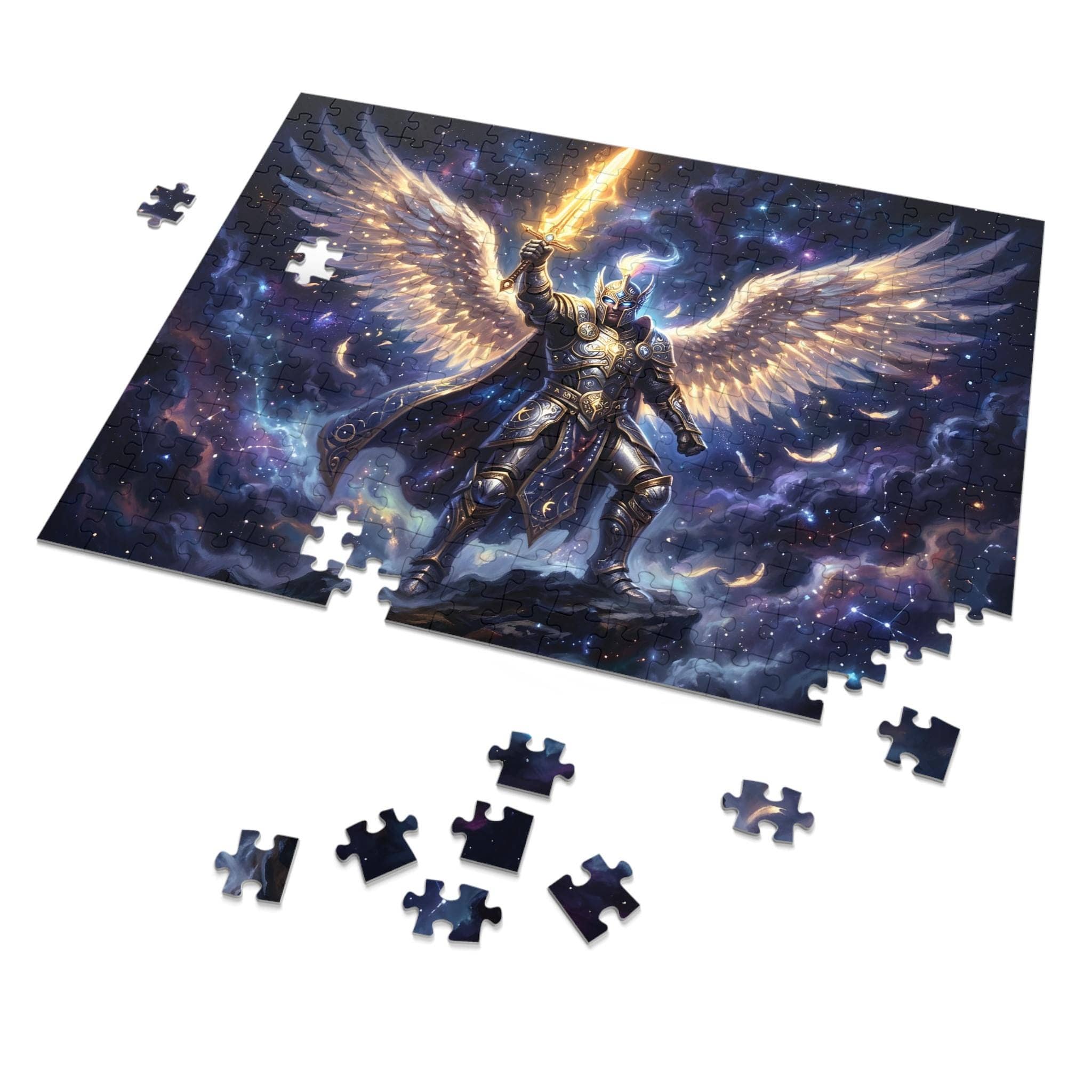 A luminous, high-contrast fantasy jigsaw puzzle featuring a radiant celestial warrior