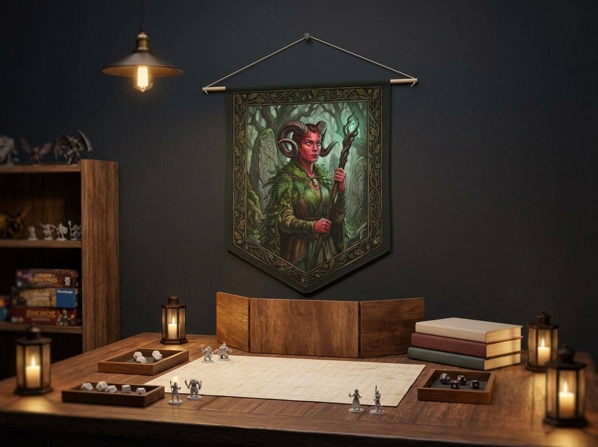 Transform your gaming nook or campaign room into an ancient sanctuary with an atmospheric female Tiefling Druid communion scene printed crisp on a durable fabric wall pennant, shown on a game room wall