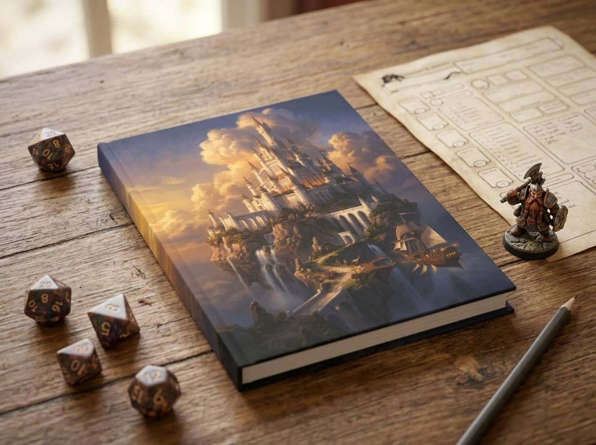 Hardcover fantasy campaign journal wrapped in an epic floating sky-citadel painting, shown on the game table among dice and character sheets