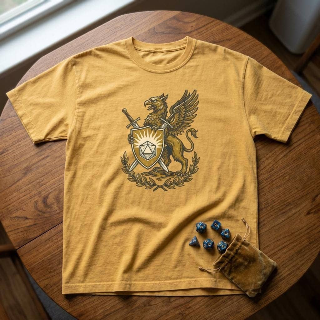 A bold vintage heraldic tournament crest celebrating the holy warrior archetype, printed on a t-shirt, shown laid flat among dice