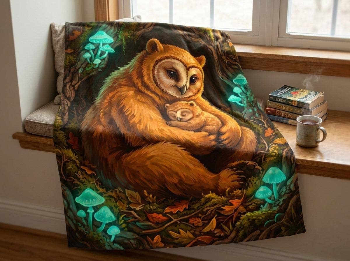 An ultra-soft velveteen reading blanket portraying a protective mother owlbear curled around her cub in a glowing forest hollow, shown in a reading nook