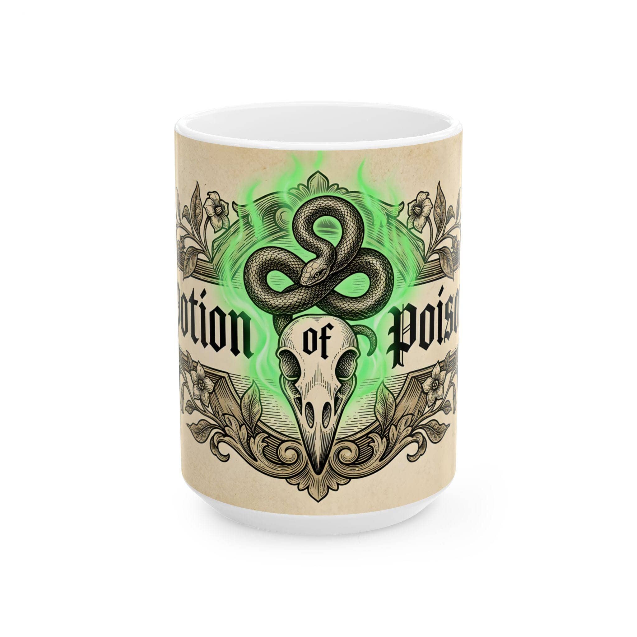 A vintage fantasy apothecary label wrapping the mug to disguise morning coffee as a lethal tabletop elixir