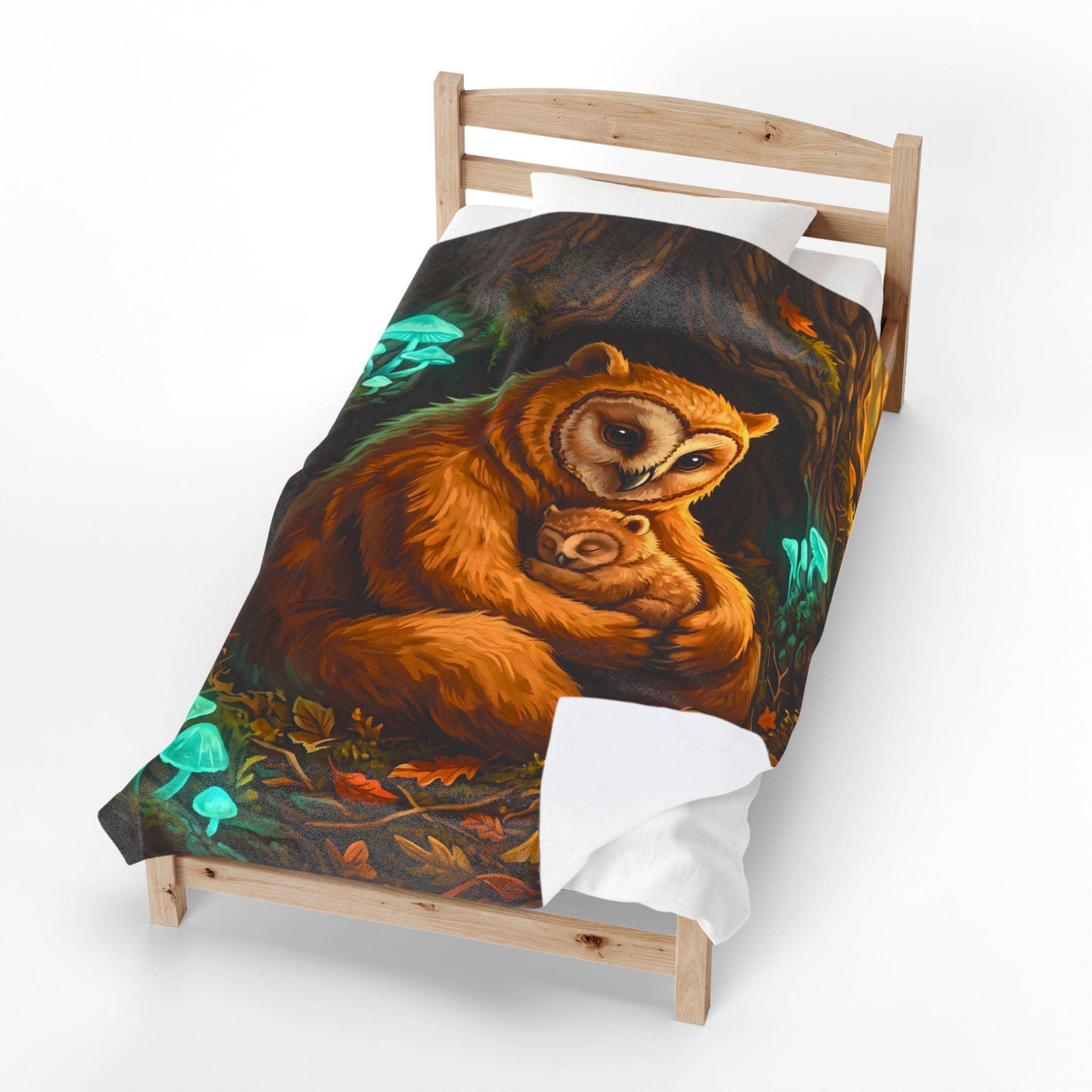 An ultra-soft velveteen reading blanket portraying a protective mother owlbear curled around her cub in a glowing forest hollow, in a room setting