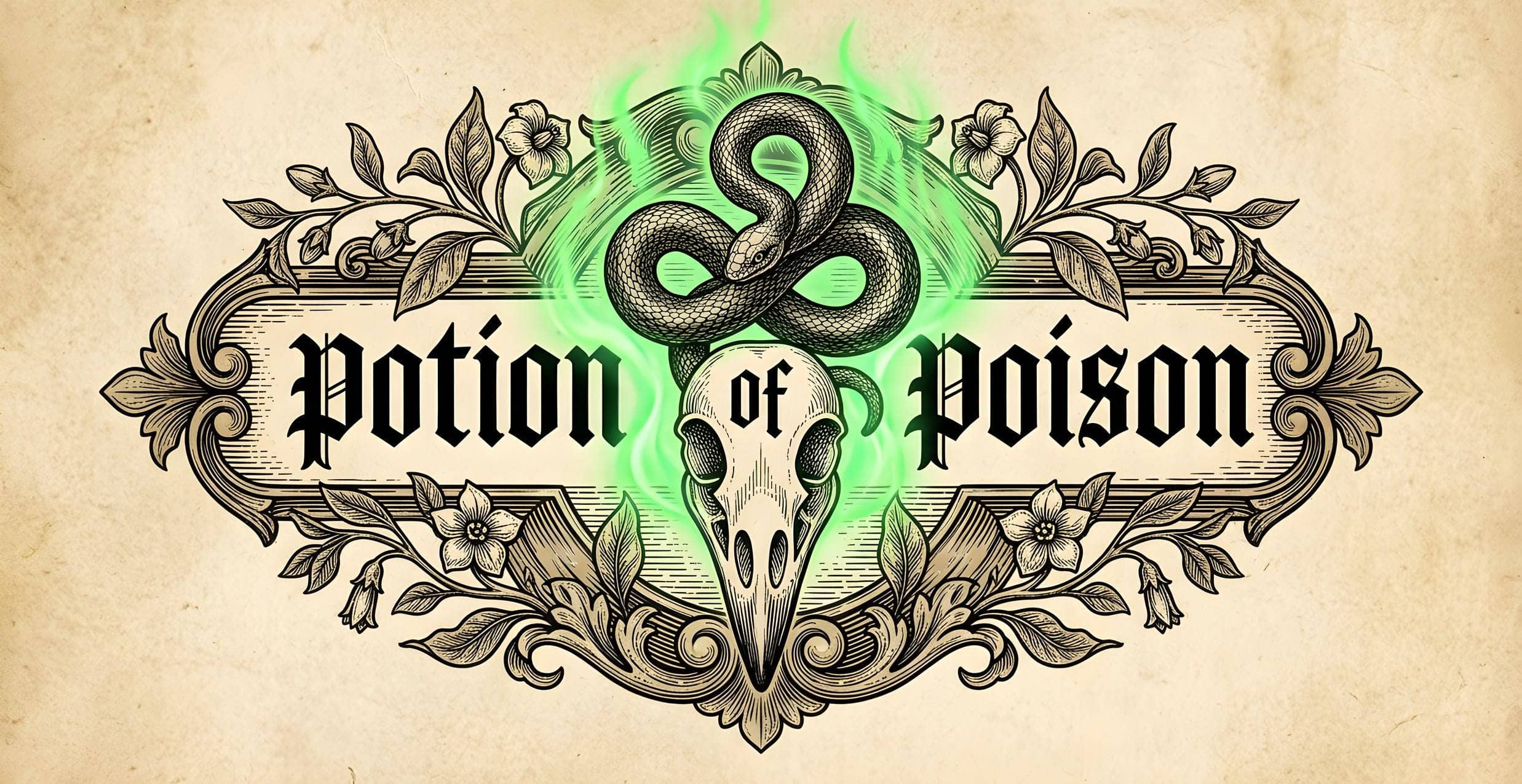 A vintage fantasy apothecary label wrapping the mug to disguise morning coffee as a lethal tabletop elixir, the complete printed design shown flat, the artwork