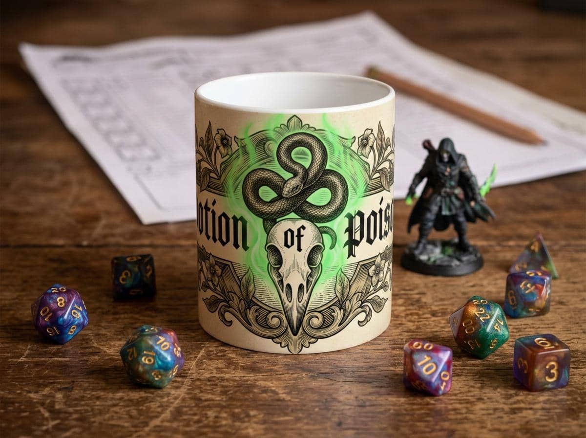 A vintage fantasy apothecary label wrapping the mug to disguise morning coffee as a lethal tabletop elixir, shown on the game table among dice and character sheets
