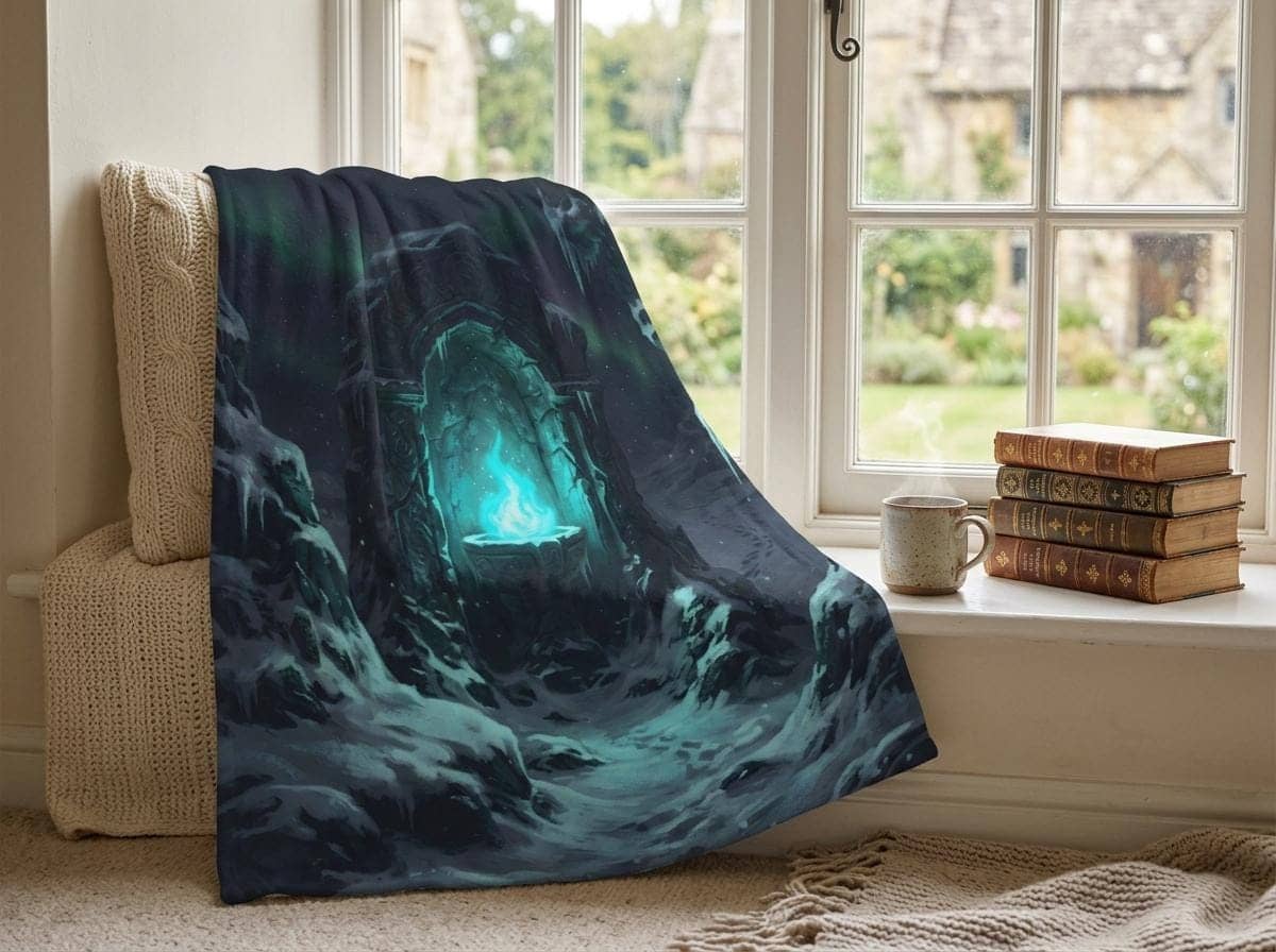 Plush velveteen fleece throw blanket depicting a secluded snowy alpine sanctuary with a glowing arcane brazier, shown in a reading nook