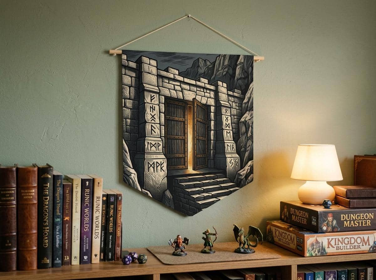 A tapered heraldic wall banner featuring a monumental dwarven mountain fortress gate etched in gold and slate linocut