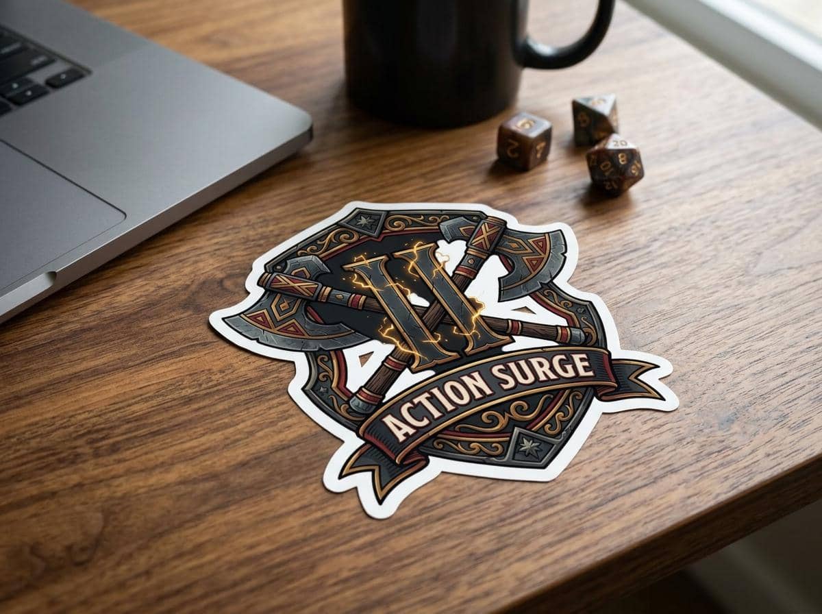 Celebrate the iconic clutch martial ability with this durable die-cut vinyl sticker, showcasing a bold graphic crest built to withstand water bottles, shown on a desk