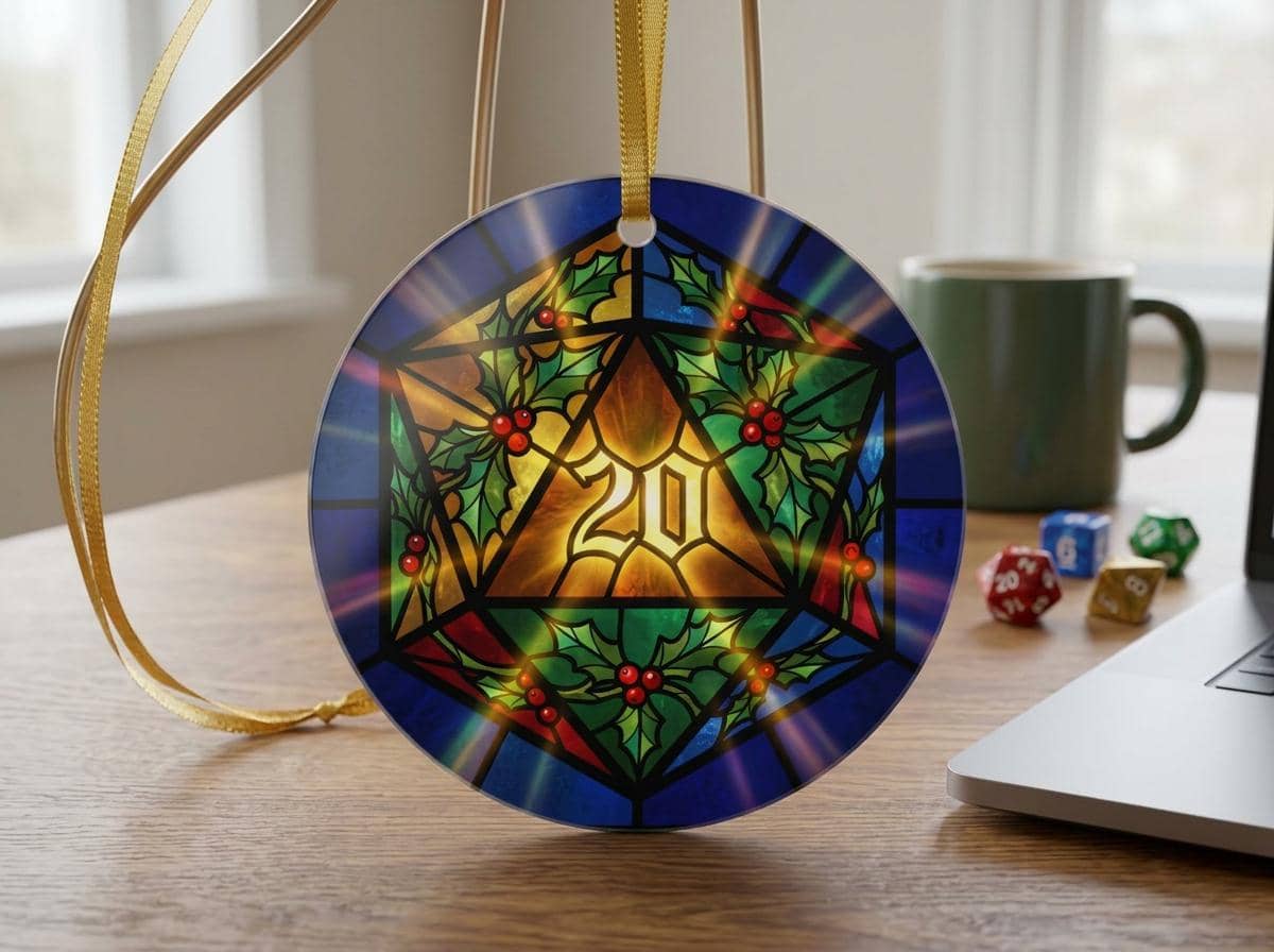 A celebratory tabletop holiday keepsake immortalizing a natural 20 critical hit, printed on an ornament, shown on a desk