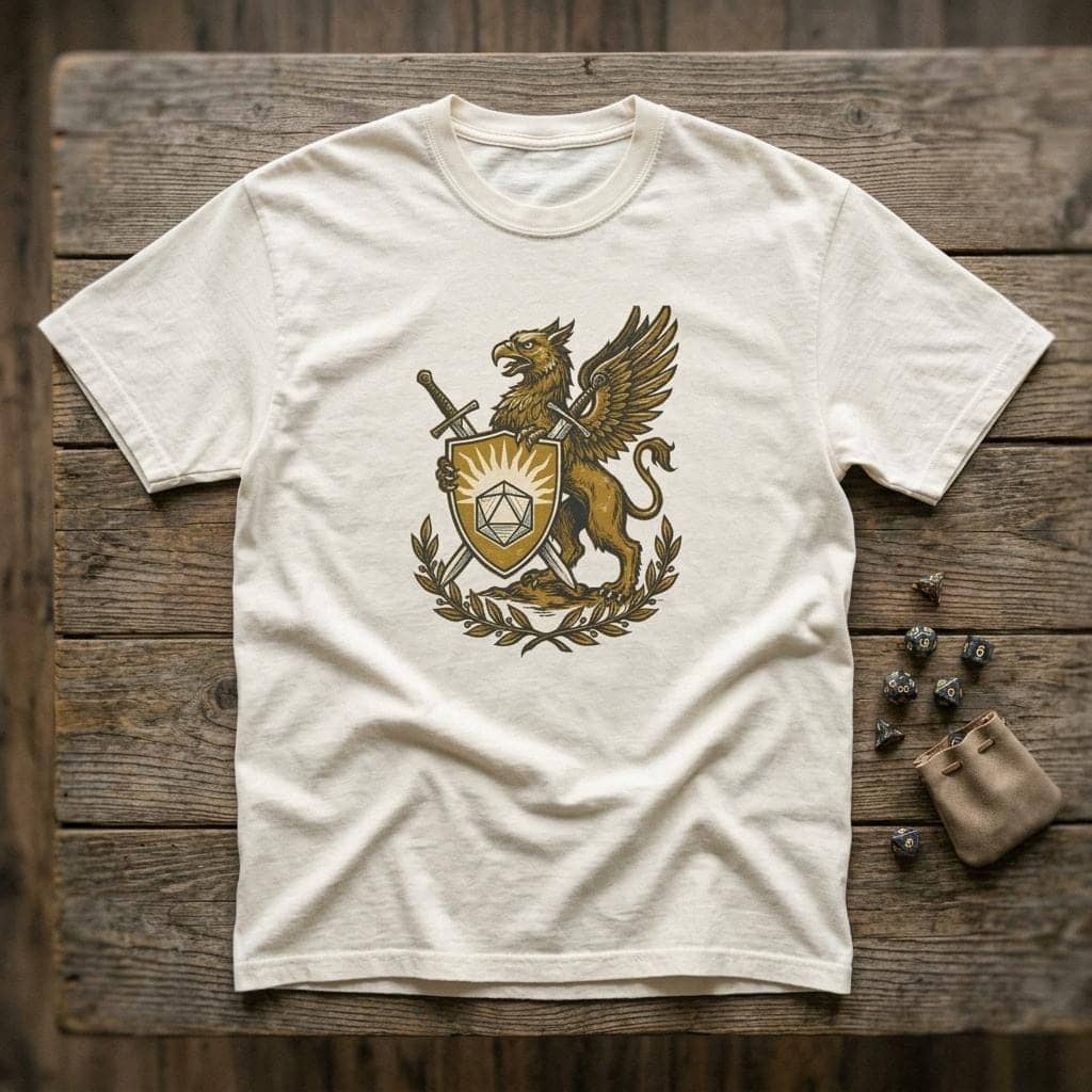 A bold vintage heraldic tournament crest celebrating the holy warrior archetype, printed on a t-shirt, shown laid flat among dice