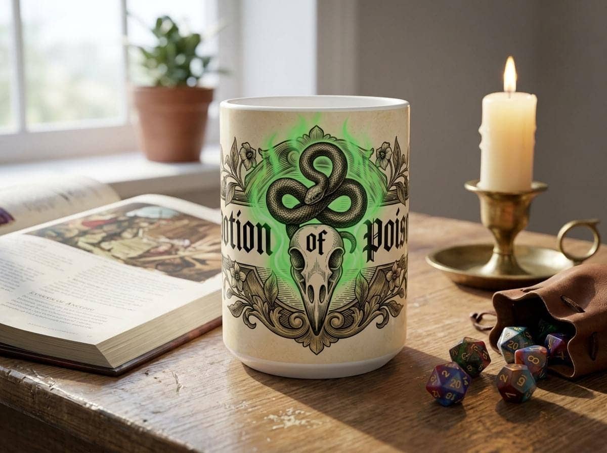 A vintage fantasy apothecary label wrapping the mug to disguise morning coffee as a lethal tabletop elixir, shown on a desk beside an open rulebook