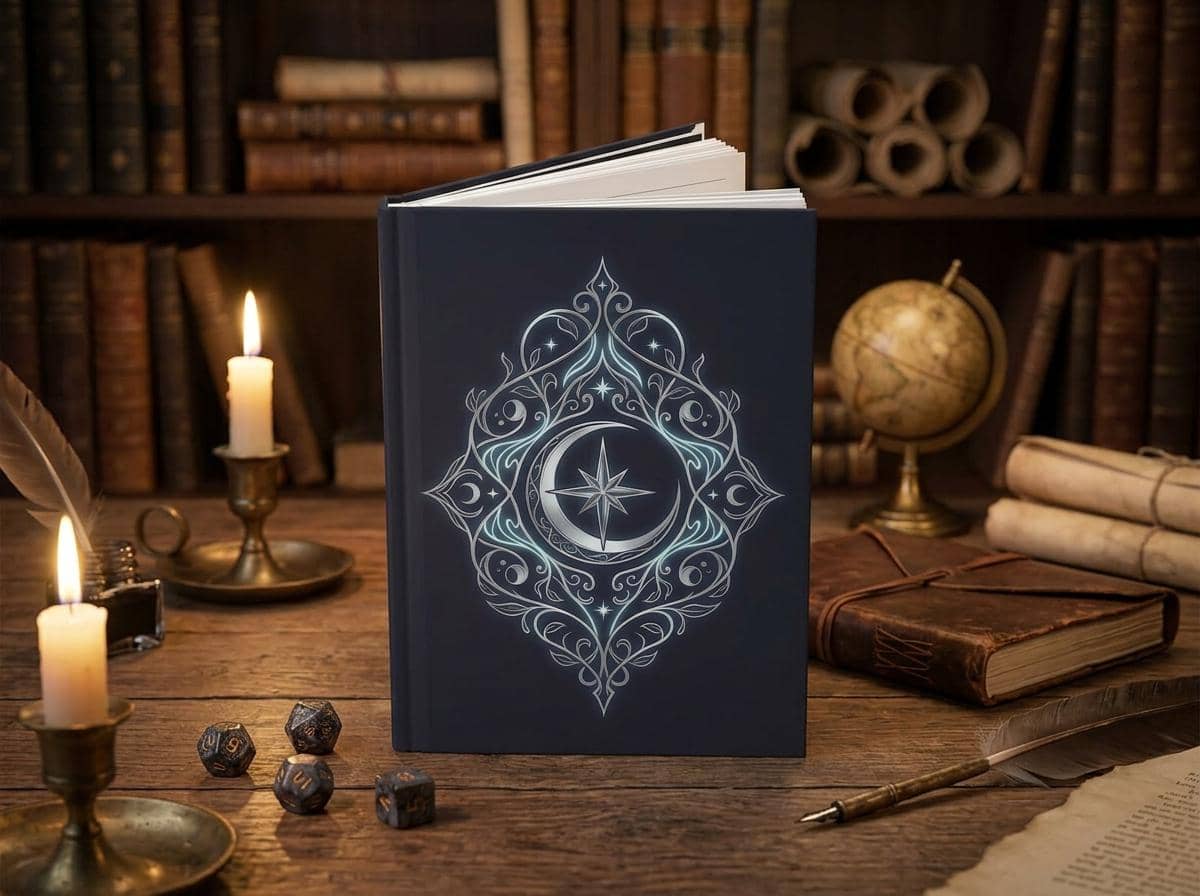 Hardcover campaign notebook designed as an in-world ancient elven tome cover, shown on a desk beside a quill and ink
