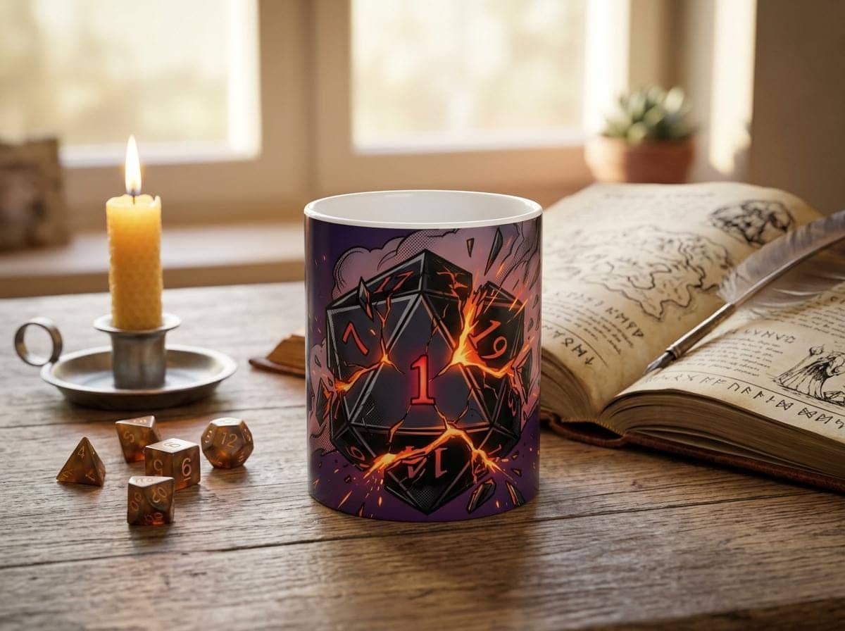 Relatable gamer coffee mug showcasing a catastrophic Natural 1 d20 roll, shown on a desk beside an open rulebook