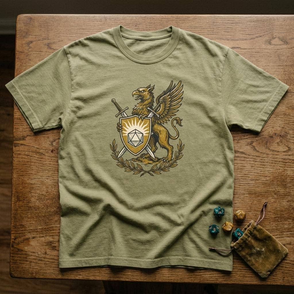 A bold vintage heraldic tournament crest celebrating the holy warrior archetype, printed on a t-shirt, shown laid flat among dice