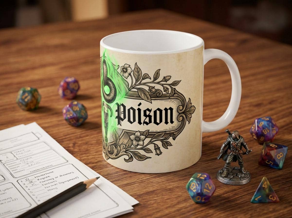 A vintage fantasy apothecary label wrapping the mug to disguise morning coffee as a lethal tabletop elixir, shown on the game table among dice and character sheets