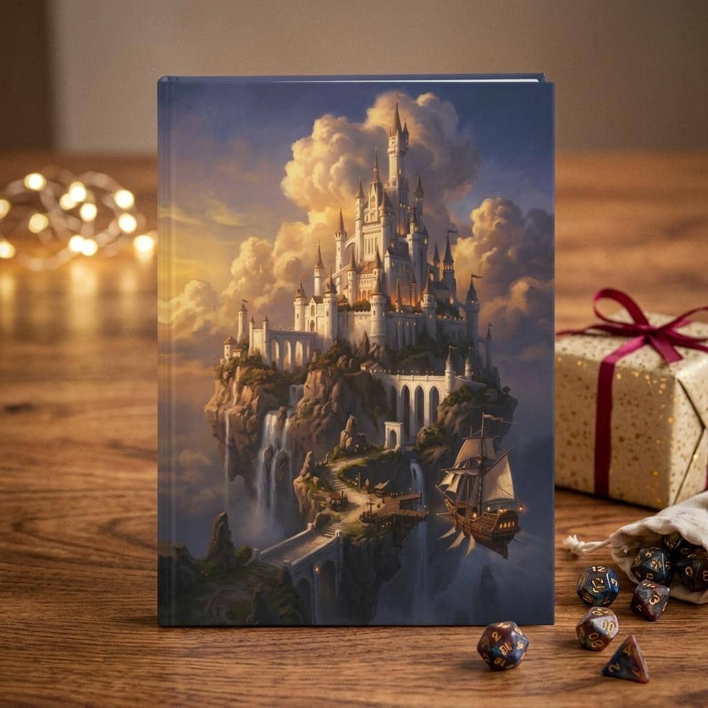 Hardcover fantasy campaign journal wrapped in an epic floating sky-citadel painting, shown as a gift