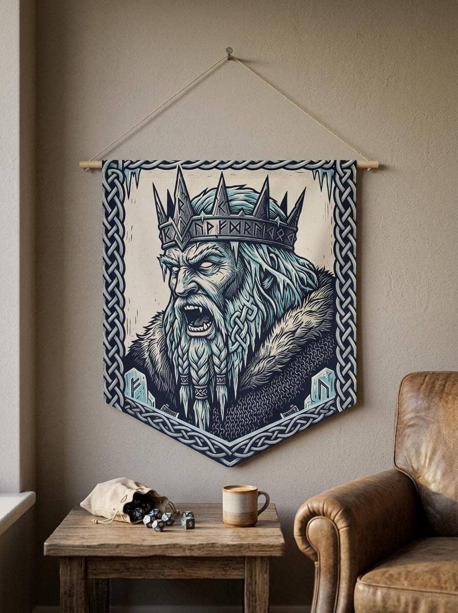 An authentic medieval heraldic banner featuring a fierce Frost Giant Jarl, shown in a cosy den corner