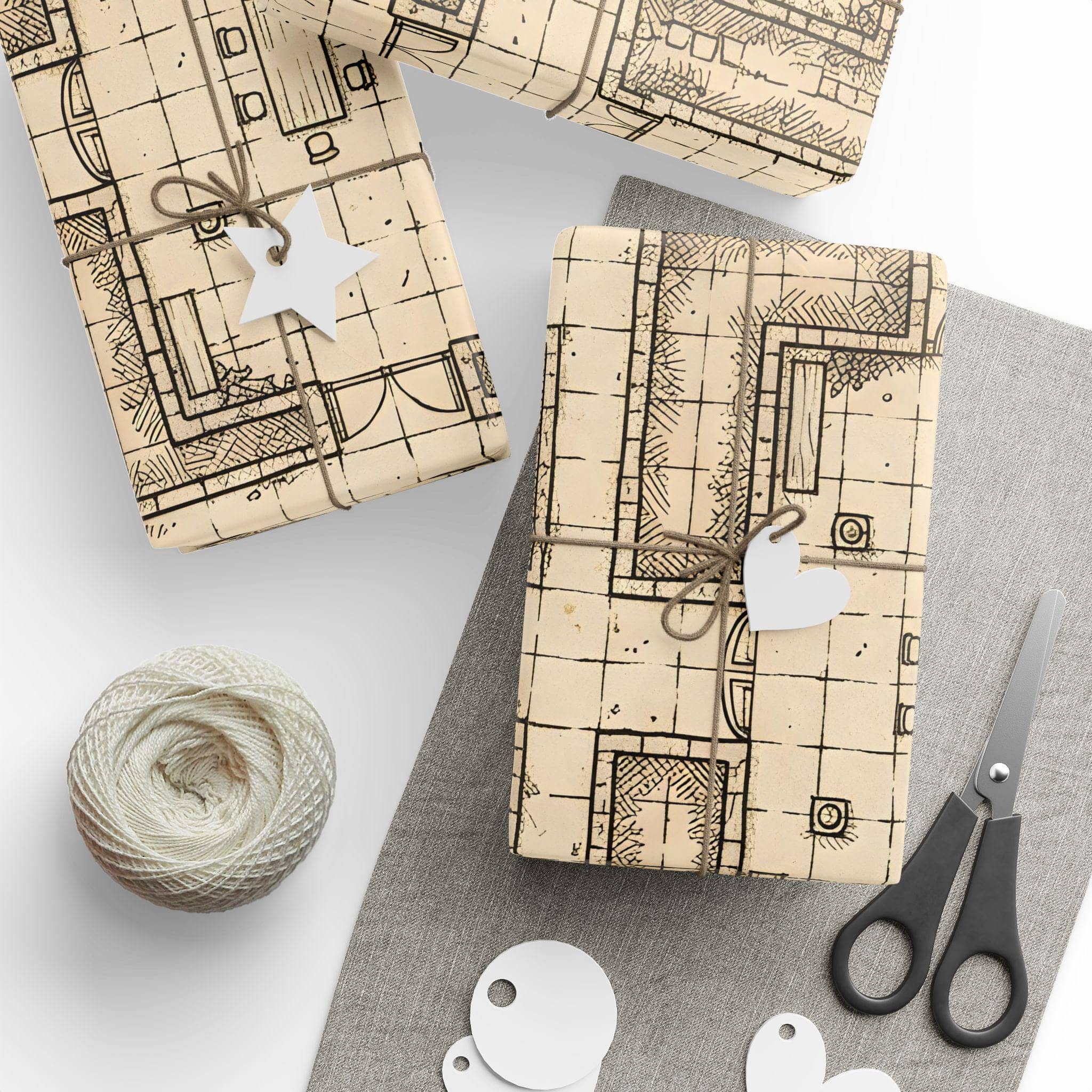 Turn rulebooks, dice, and miniatures into genuine campaign loot with wrapping paper that doubles as a detailed, playable hand-drawn parchment dungeon battlemap, in a room setting