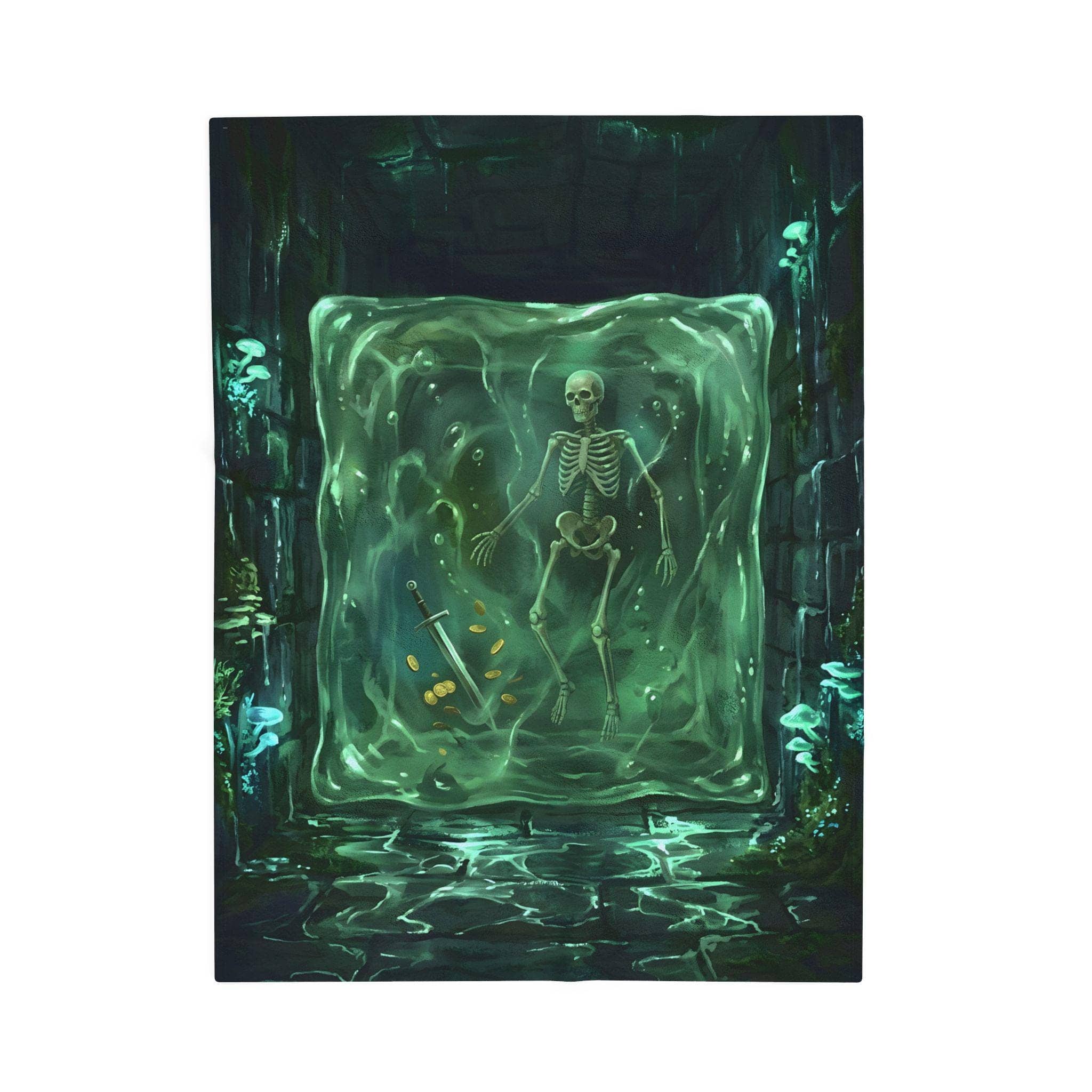 An eye-catching, full-bleed throw blanket depicting a luminous gelatinous cube suspended with adventurer gear, front view
