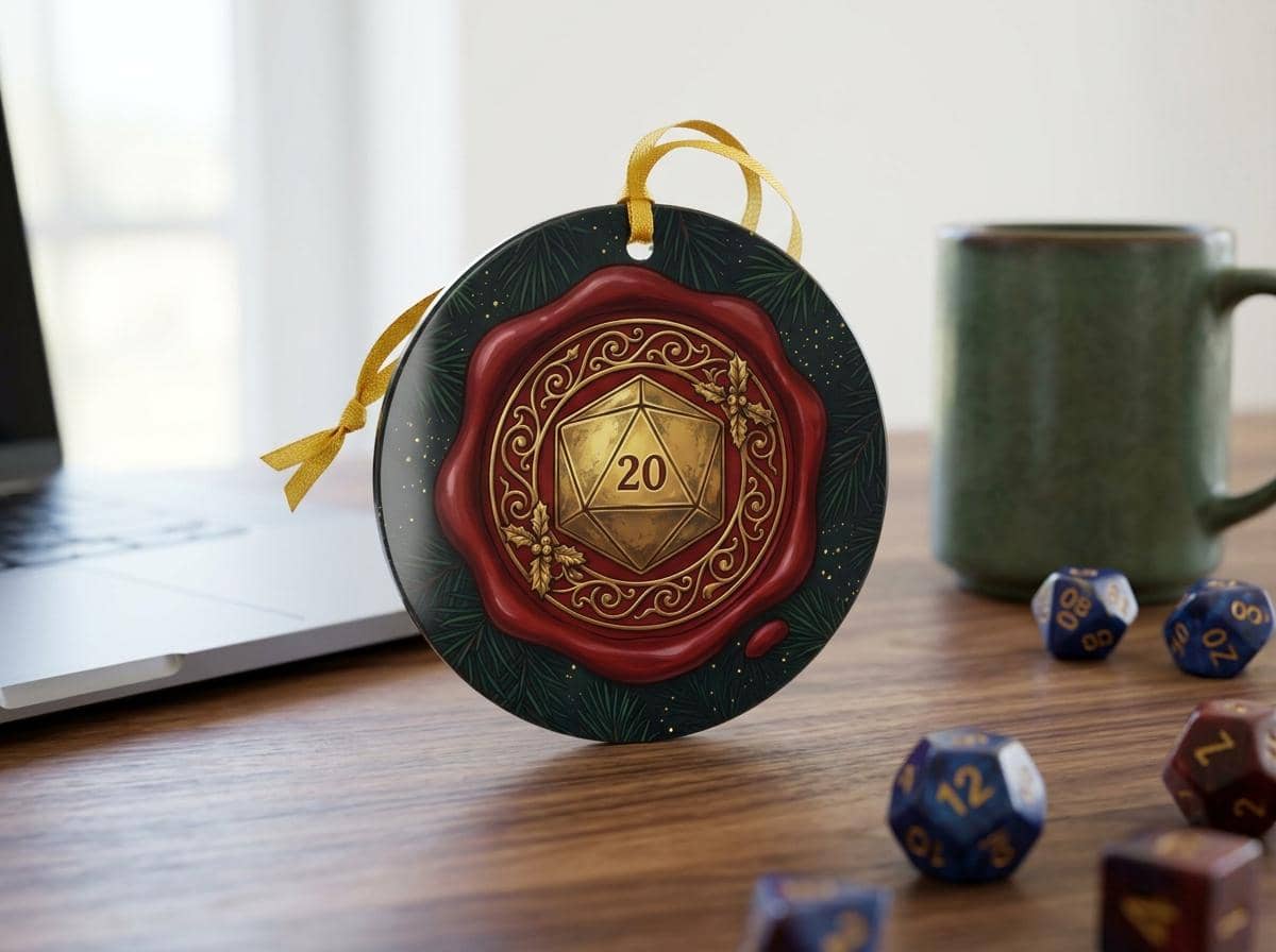 A round ceramic holiday ornament rendered as an ornate adventurers' guild wax seal with a gilded D20, shown on a desk