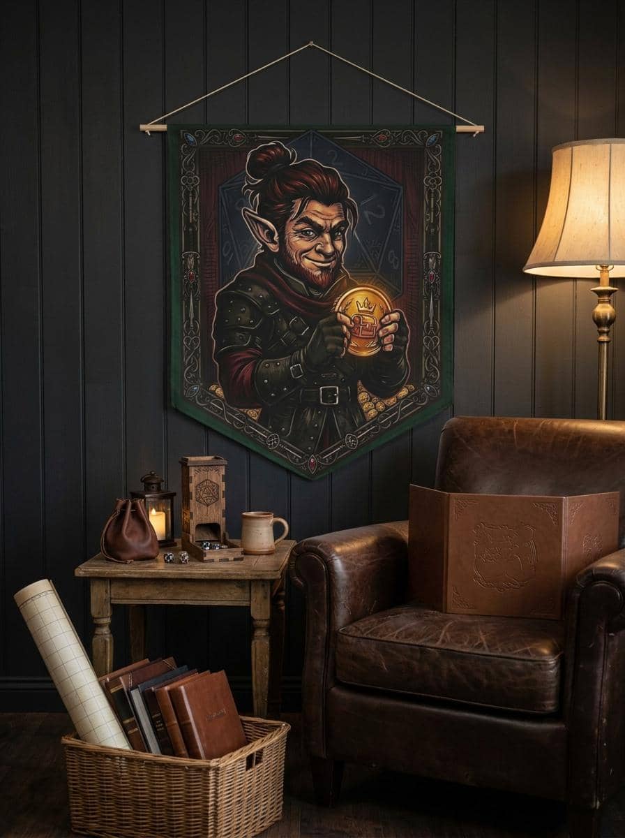 A bold screenprint-style canvas banner celebrating a critical Sleight of Hand roll, featuring a roguish gnome with his stolen prize to elevate a gaming room or pin collection corner, shown in a cosy den corner