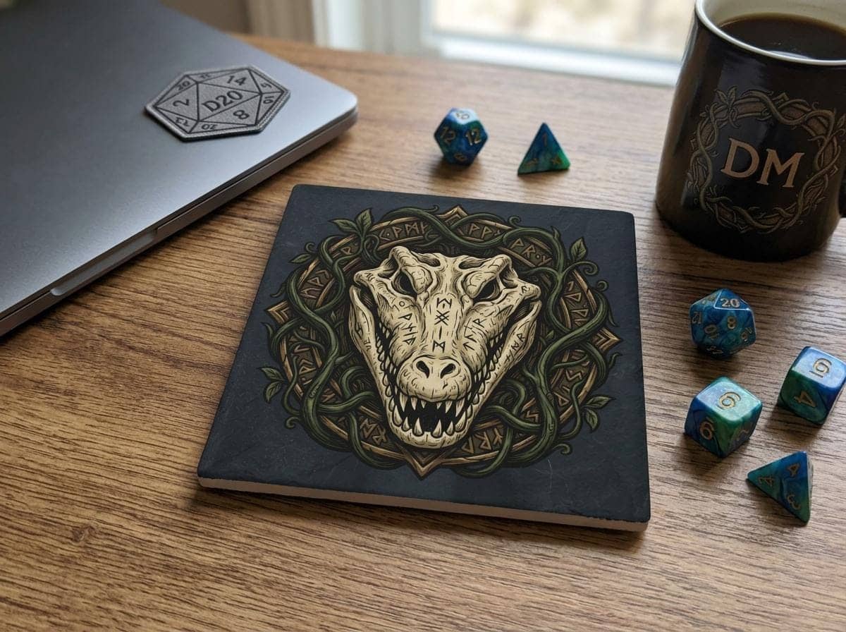 Protect tabletop surfaces during intense gaming sessions with drink coasters rendered as an ancient carved reptile-bone shaman relic, shown on a desk