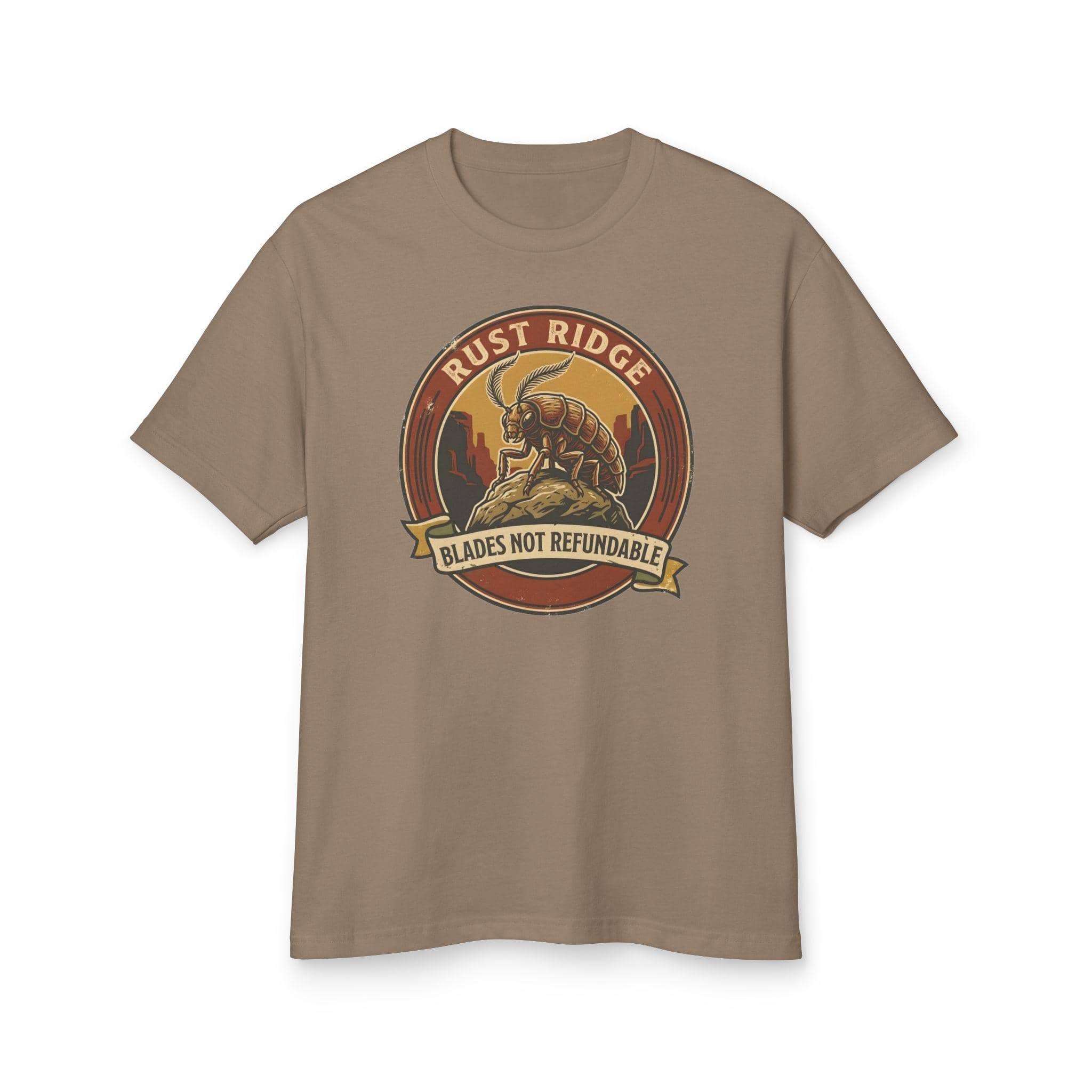 Vintage national park souvenir graphic tee featuring tabletop gaming's notorious metal-eating armored insectoid paired with a deadpan park ranger weapon warning for dungeon crawlers and roleplaying gamers, front view