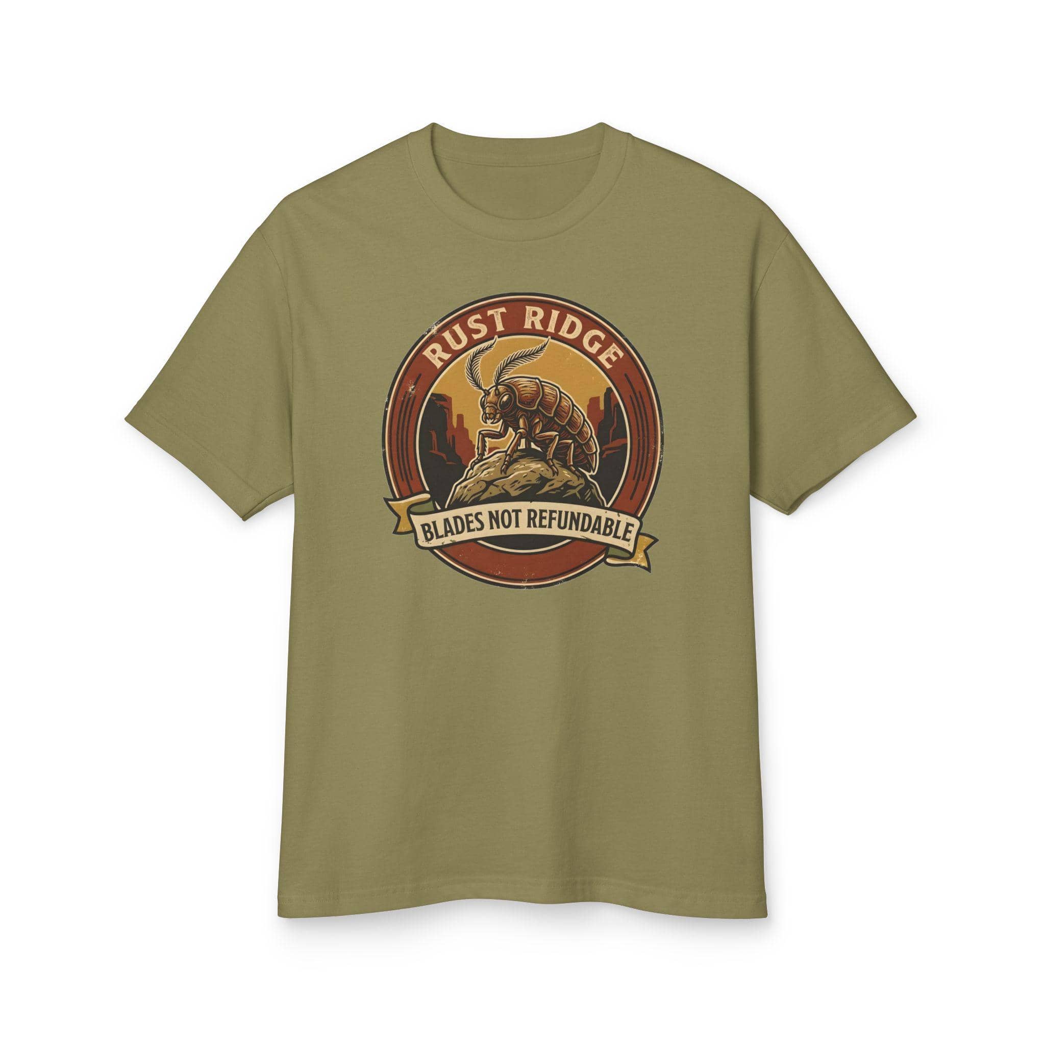 Vintage national park souvenir graphic tee featuring tabletop gaming's notorious metal-eating armored insectoid paired with a deadpan park ranger weapon warning for dungeon crawlers and roleplaying gamers, front view