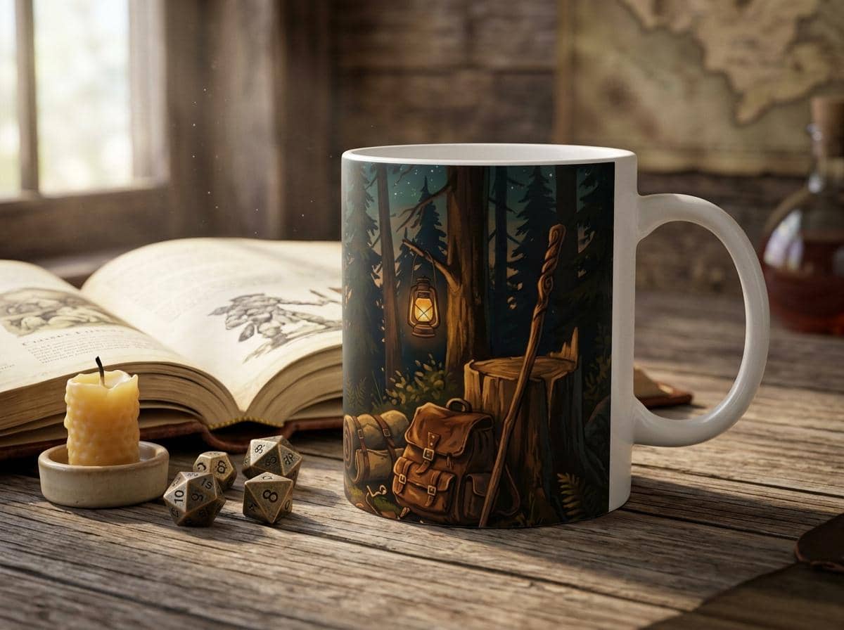 A cozy Long Rest themed fantasy ceramic coffee mug designed for tabletop adventurers and DMs to recharge between campaign encounters, shown on a desk beside an open rulebook