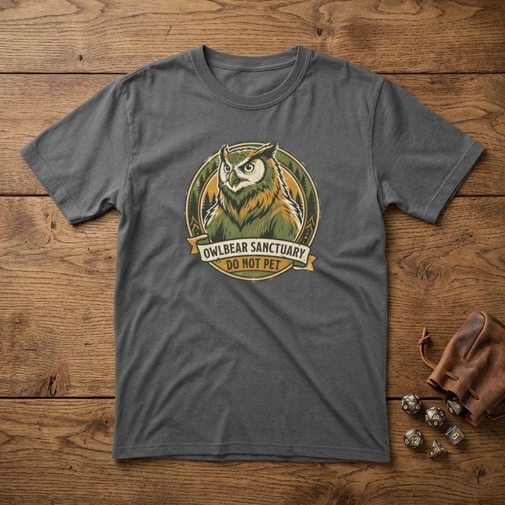 Vintage national park souvenir graphic tee featuring tabletop gaming's favorite deadly predator alongside a cheeky 'Do Not Pet' warning for players who insist on taming wilderness monsters, shown laid flat among dice