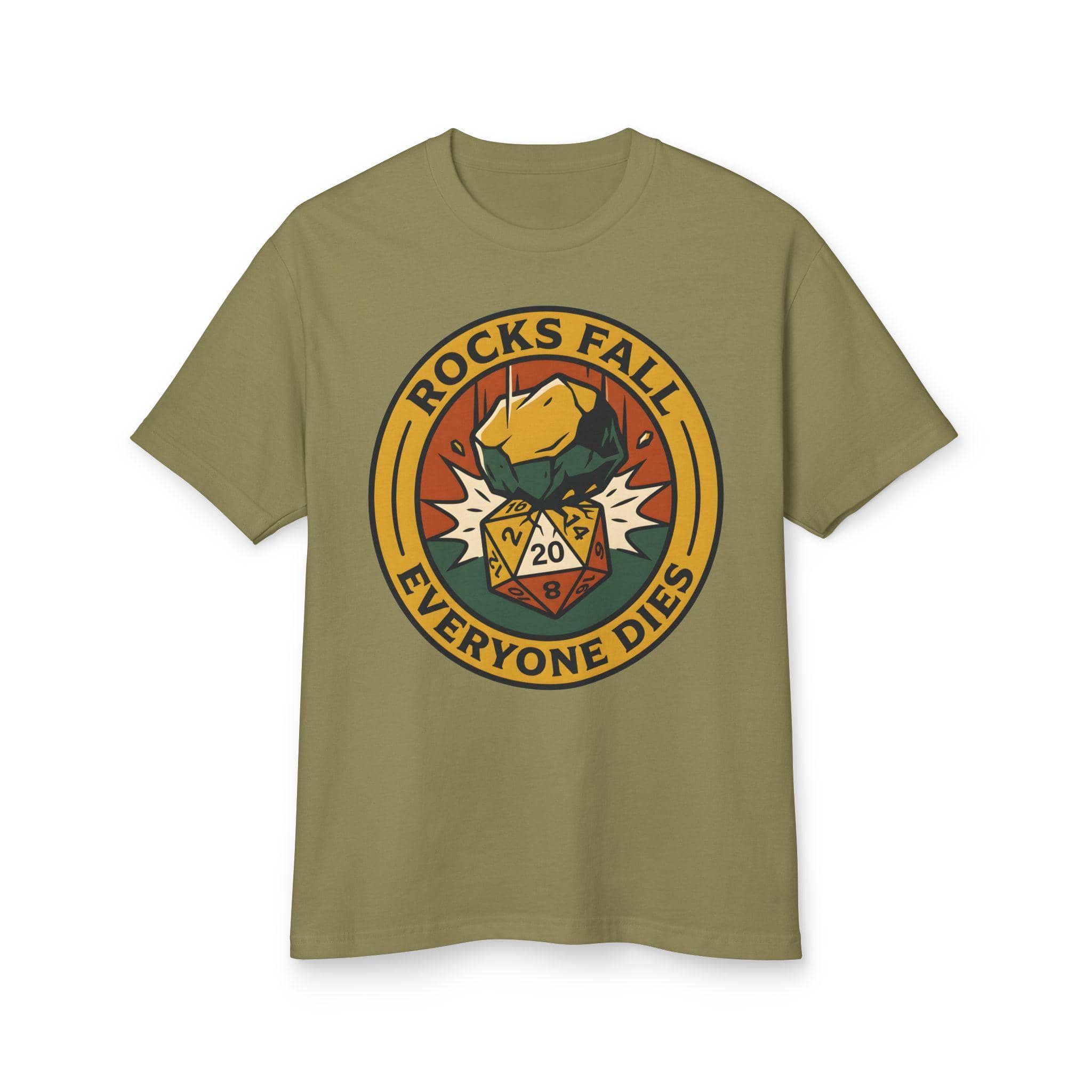 A deadpan tabletop in-joke graphic tee featuring a vintage national-park style emblem where a giant plummeting boulder crushes a d20 die, front view