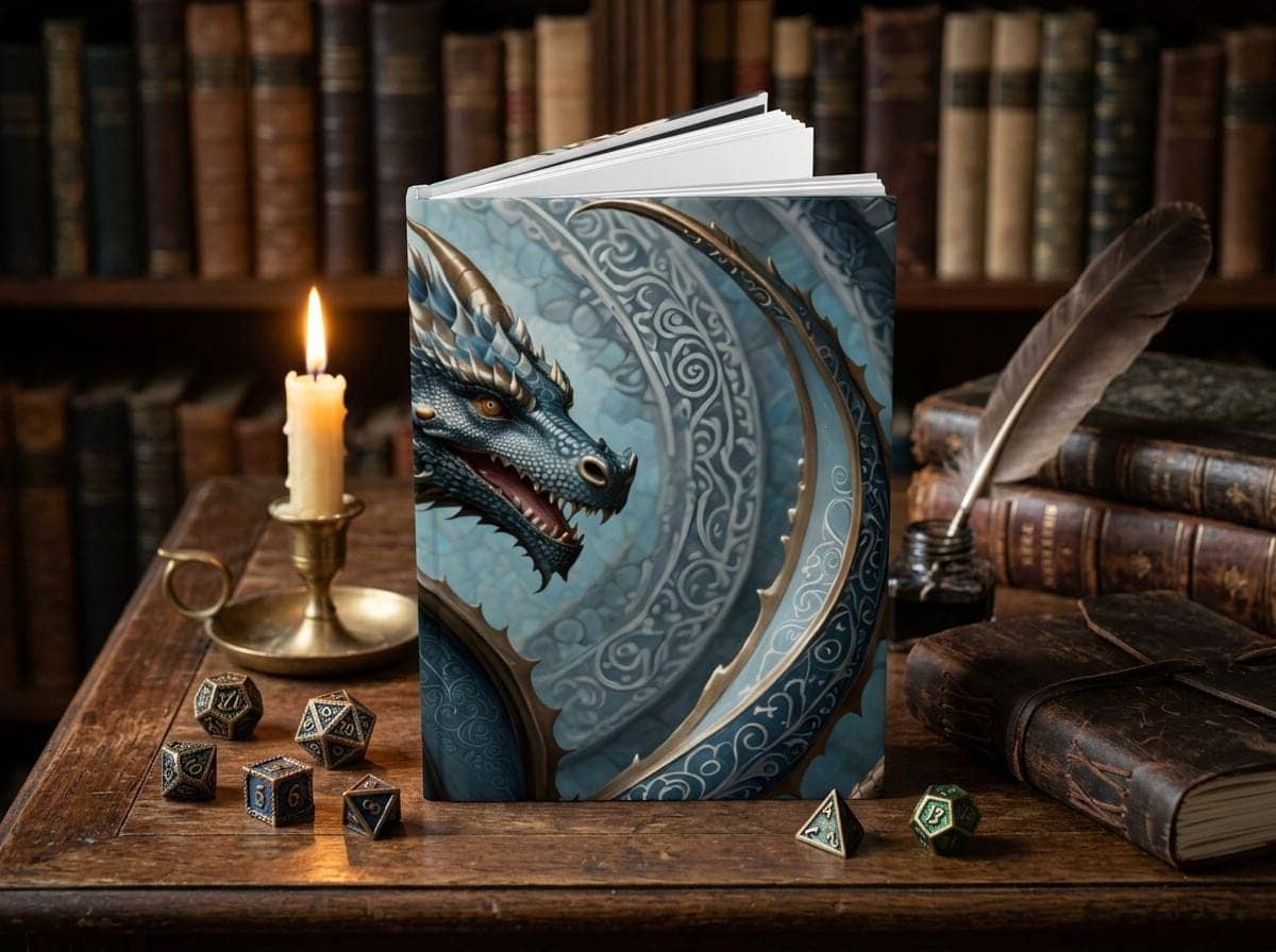 A journal with designs inspired by tabletop roleplaying characters, extending the proven 'dnd' theme, shown on a desk beside a quill and ink