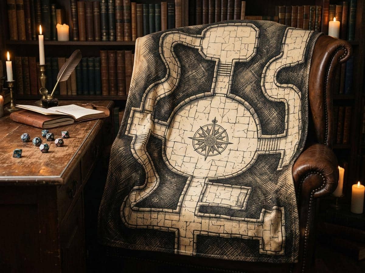 Ultra-soft fleece throw blanket printed edge-to-edge as a vintage hand-inked dungeon crawl floorplan with secret chambers and trap glyphs, shown draped over a study armchair